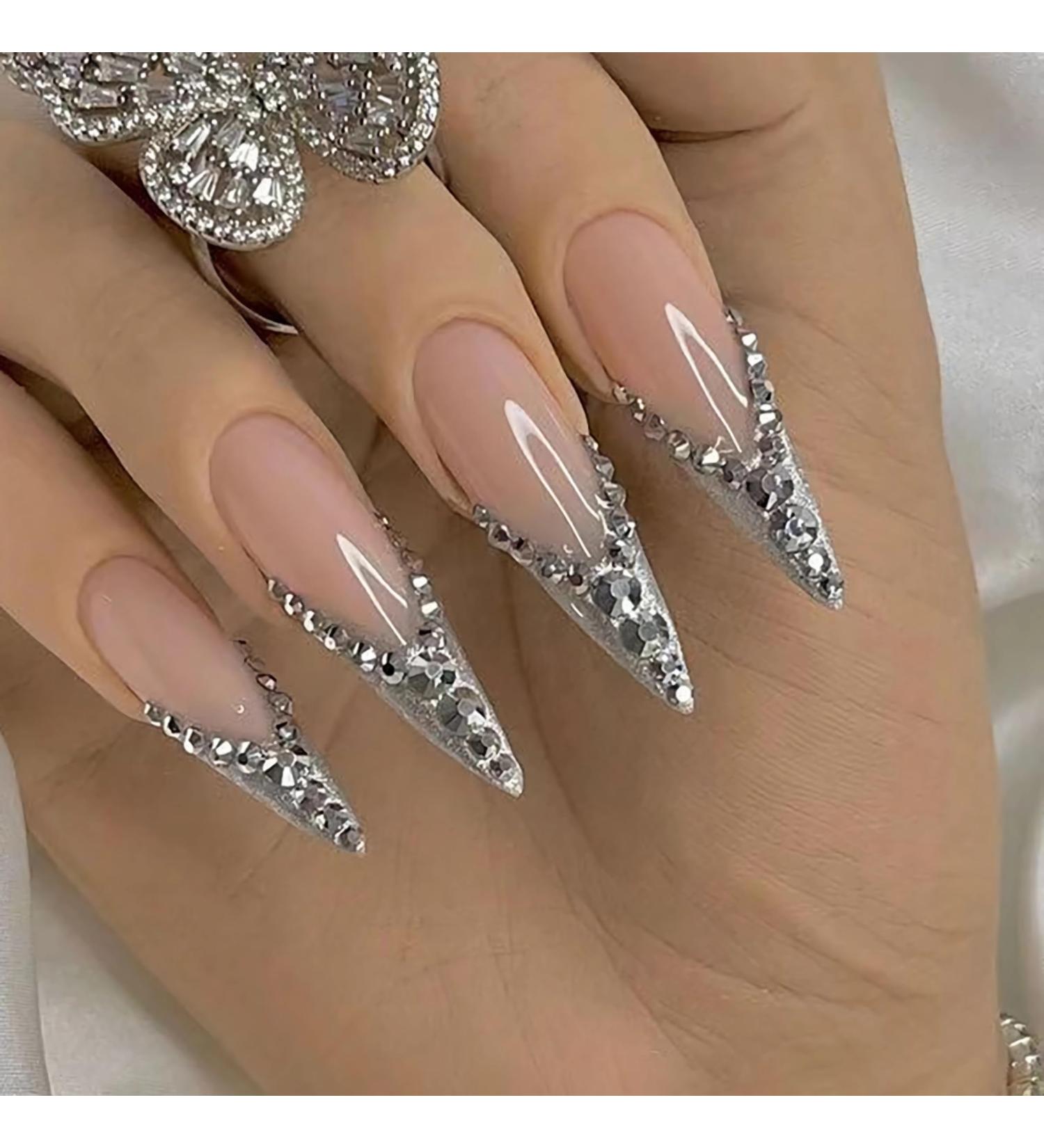 BABALAL Long Stiletto Press on Nails - Silver French Tip Glitter Acrylic Nails with Rhinestones | Manicure Set for Women & Girls - FNI16sliver - Buy Online on GoSupps.com