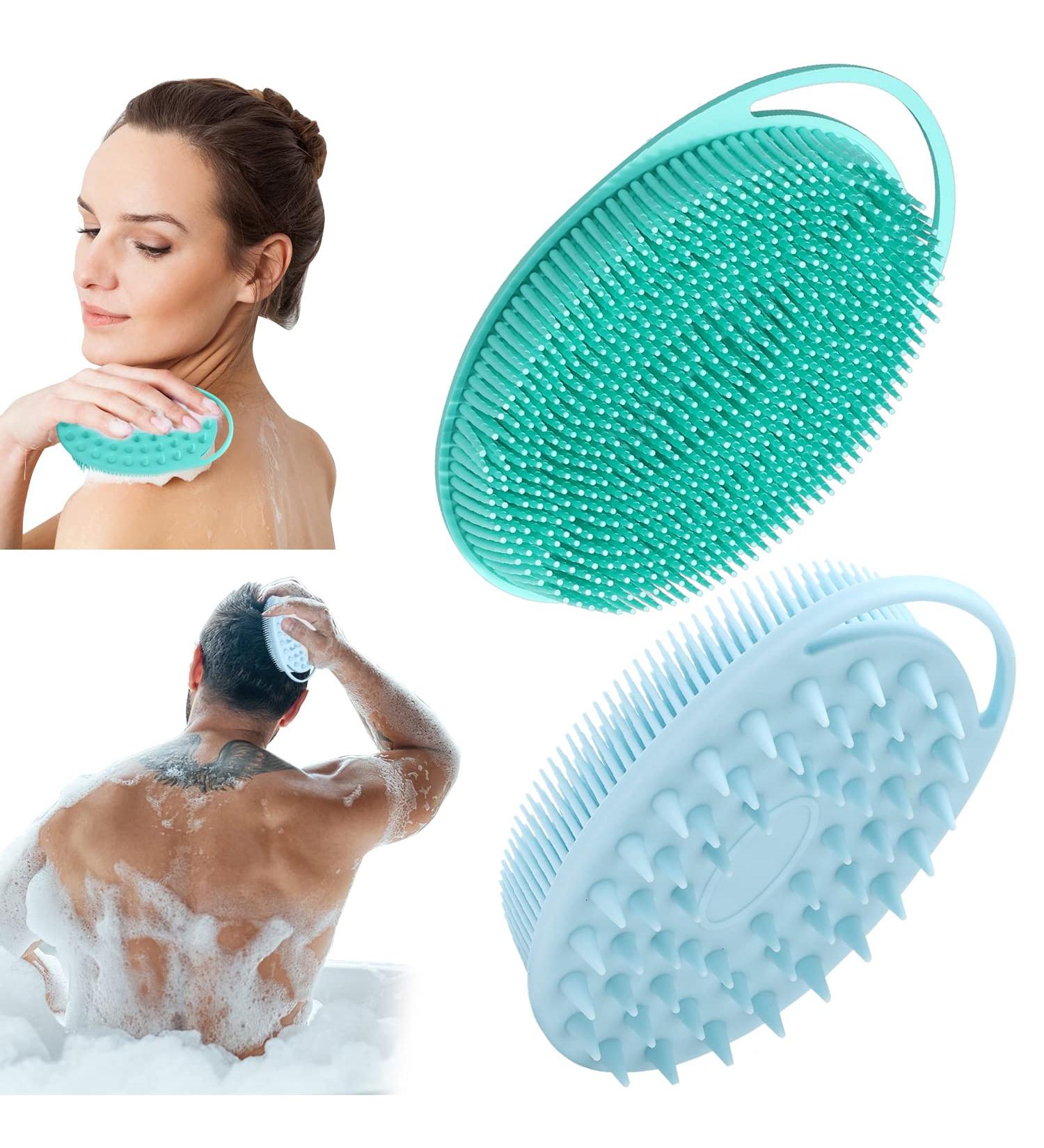 2 Pack Silicone Body Scrubber 2 in 1 Bath and Shampoo Brush - Gentle Exfoliating for Sensitive Skin - Double-Sided Brush for Men and Women - Lathers Well - Blue/Green - Buy Online on GoSupps.com