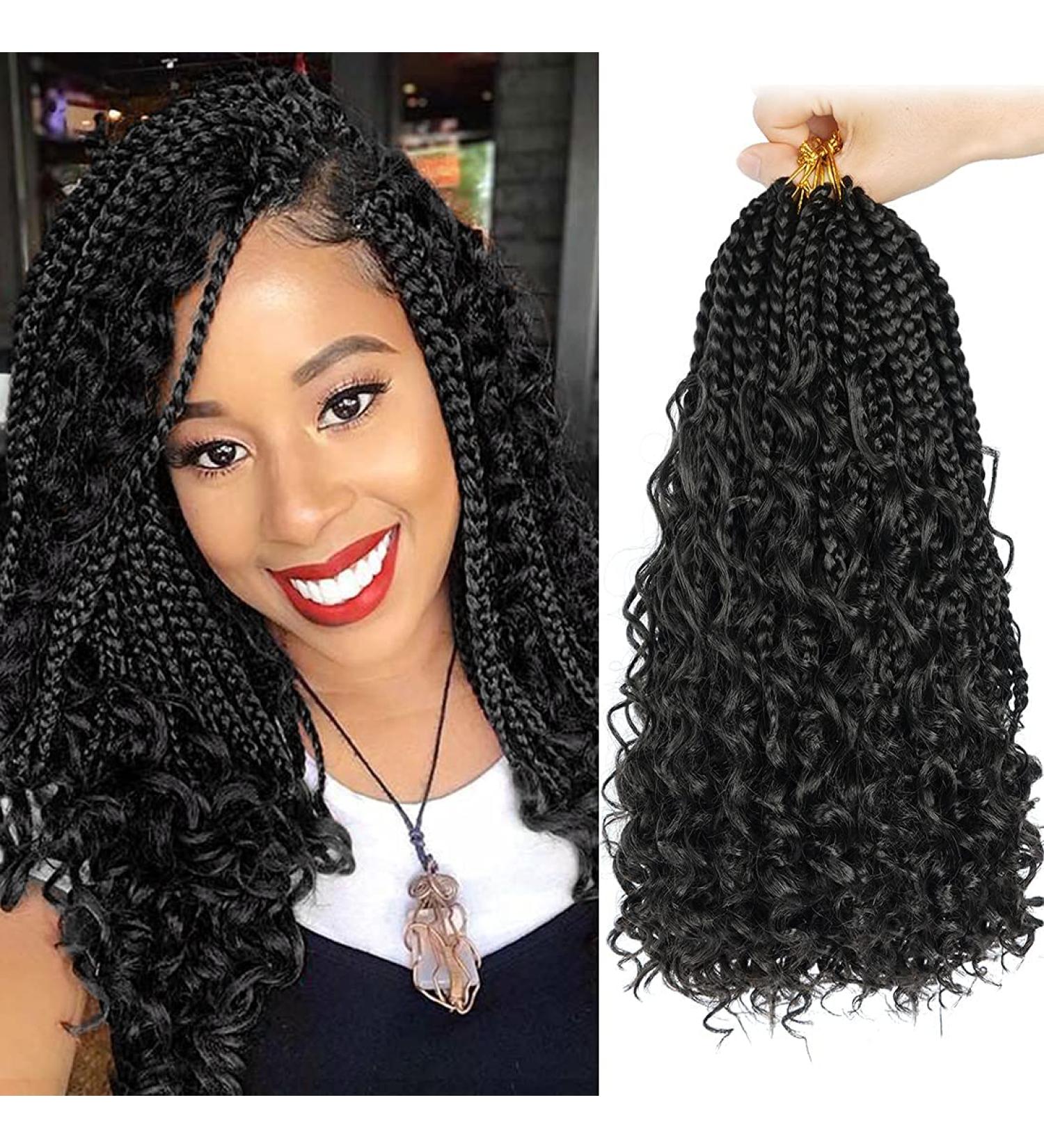 Boho Bob Box Braids Crochet Hair with Curly Ends Pre-looped Goddess Locs Crochet Curly Hair Braiding Hair Extensions 3X Bohemian Hippie Locs Crochet Braiding Hair For Black Women(14 Inch 1B)