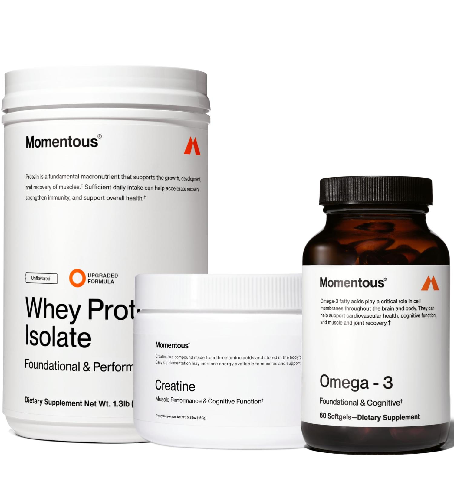 Momentous Three - Creatine Monohydrate Powder (30 Servings), Grass-Fed Whey Protein Powder (Unflavored) & Omega-3 Fish Oil 1600mg - Daily Essentials for Strength, Performance & Lean Muscle Recovery - Buy Online on GoSupps.com