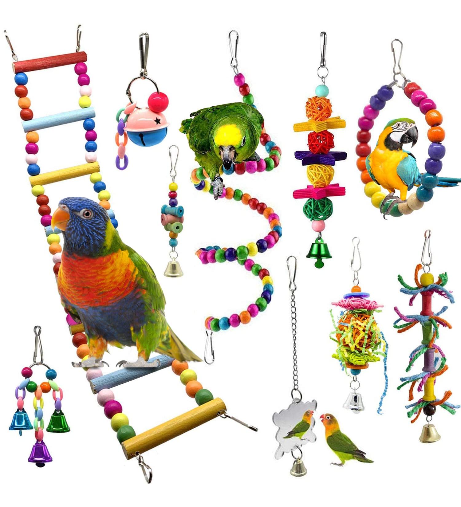 Bojafa Bird Toys For Budgie Parrot Toy - 10 Pack Hanging Budgies Play Stand Perch For Cage Natural Wooden Birds Swing Ladder Large Cockatiel Toy Accessories For African Grey Parrots Conure Parakeet - Buy Online on GoSupps.com