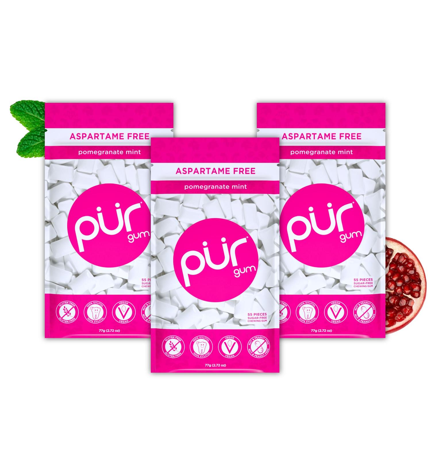 PUR Gum | Sugar-Free Chewing Gum | 100% Xylitol Vegan Aspartame-Free Gluten-Free & Diabetic-Friendly | Pomegranate Mint Flavor | 55 Pieces (3 Pack) - Buy Online on GoSupps.com
