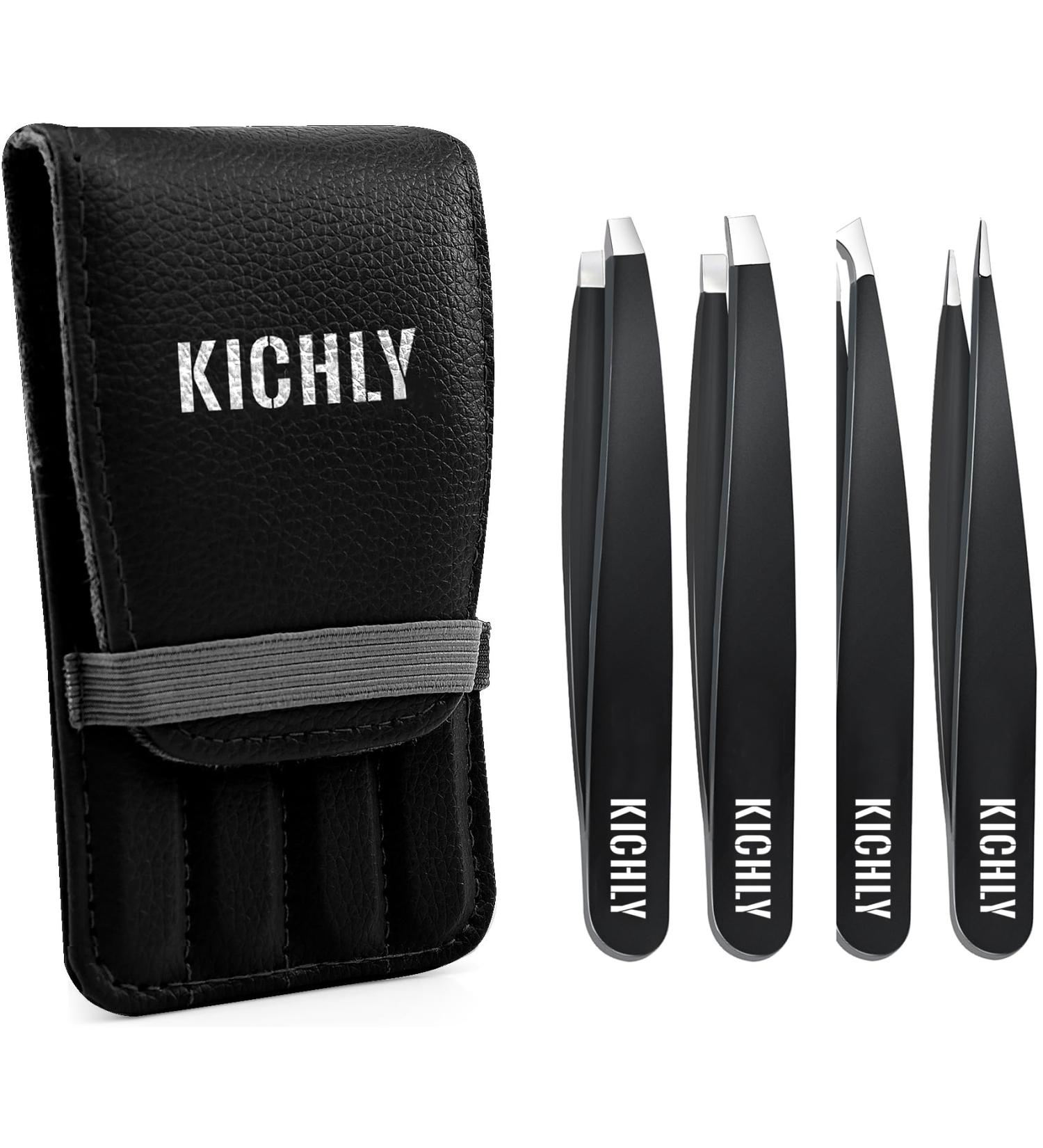 KICHLY Eyebrow Tweezers Set - 4 Precision Tweezers in Travel-Friendly Leather Case (Black) for Perfect Brows - Buy Online on GoSupps.com