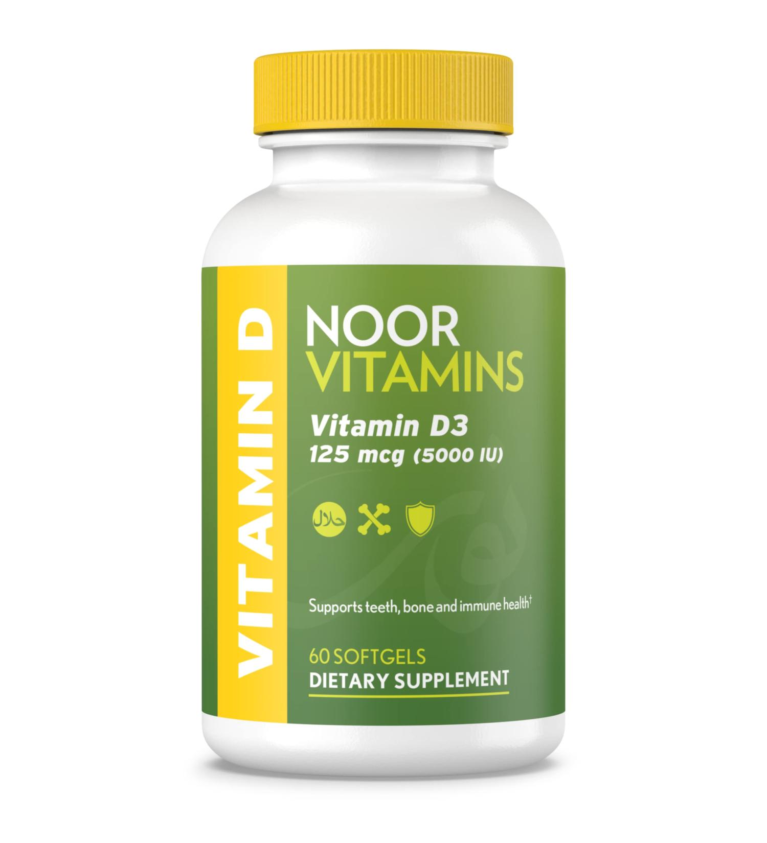 Noor Vitamins Halal Vitamin D3 5000 IU Softgels - Bone, Immune & Heart Health Support - Non-GMO, Gluten-Free & Halal - 60 Count - Buy Online on GoSupps.com