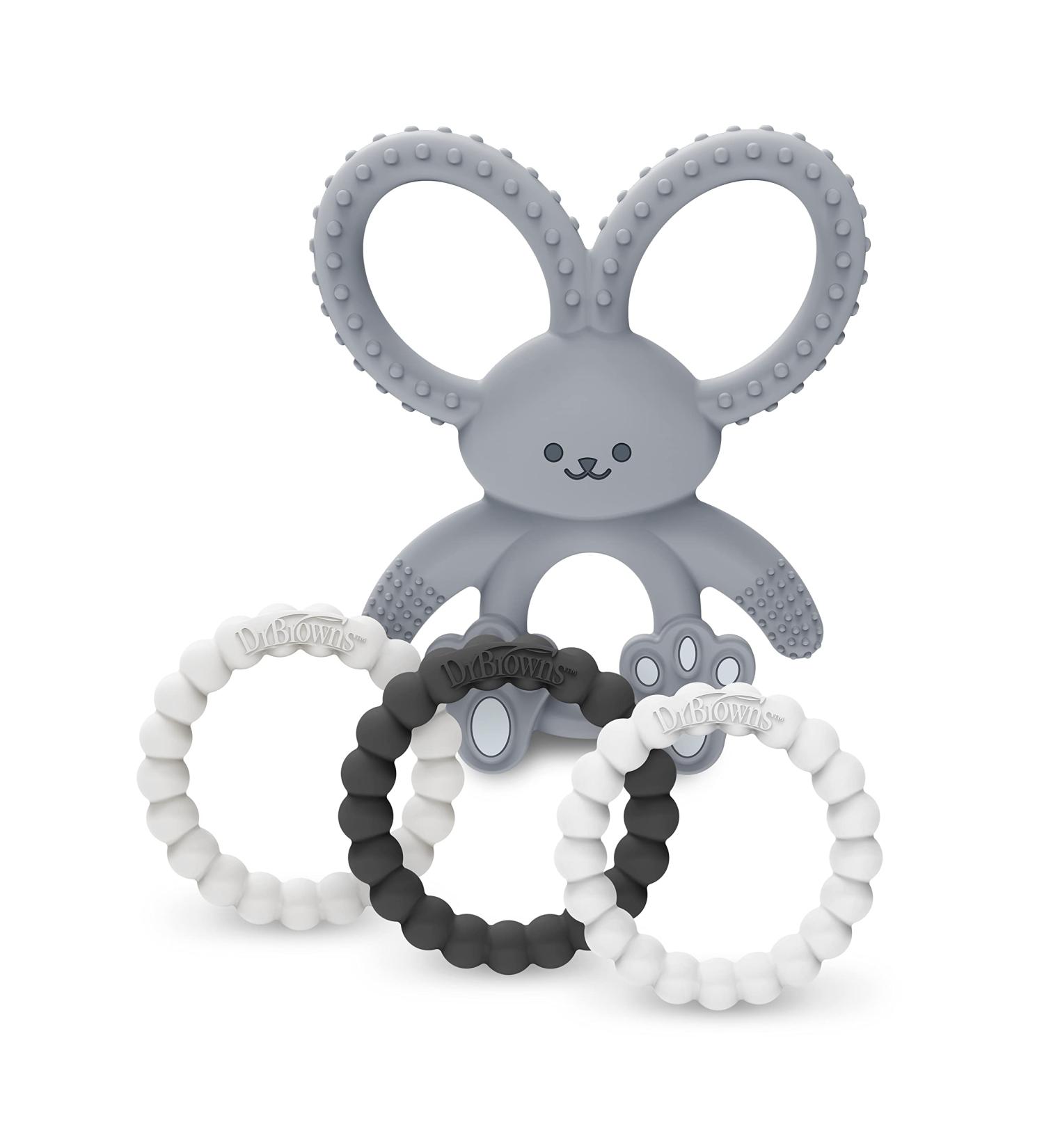 Dr. Brown's Flexees Beaded Teether Rings & Bunny 4-Pack - Silicone Teething Toys for Babies 3m+ | BPA-Free, Easy to Hold & Self-Soothing - Black/White/Gray - Buy Online on GoSupps.com