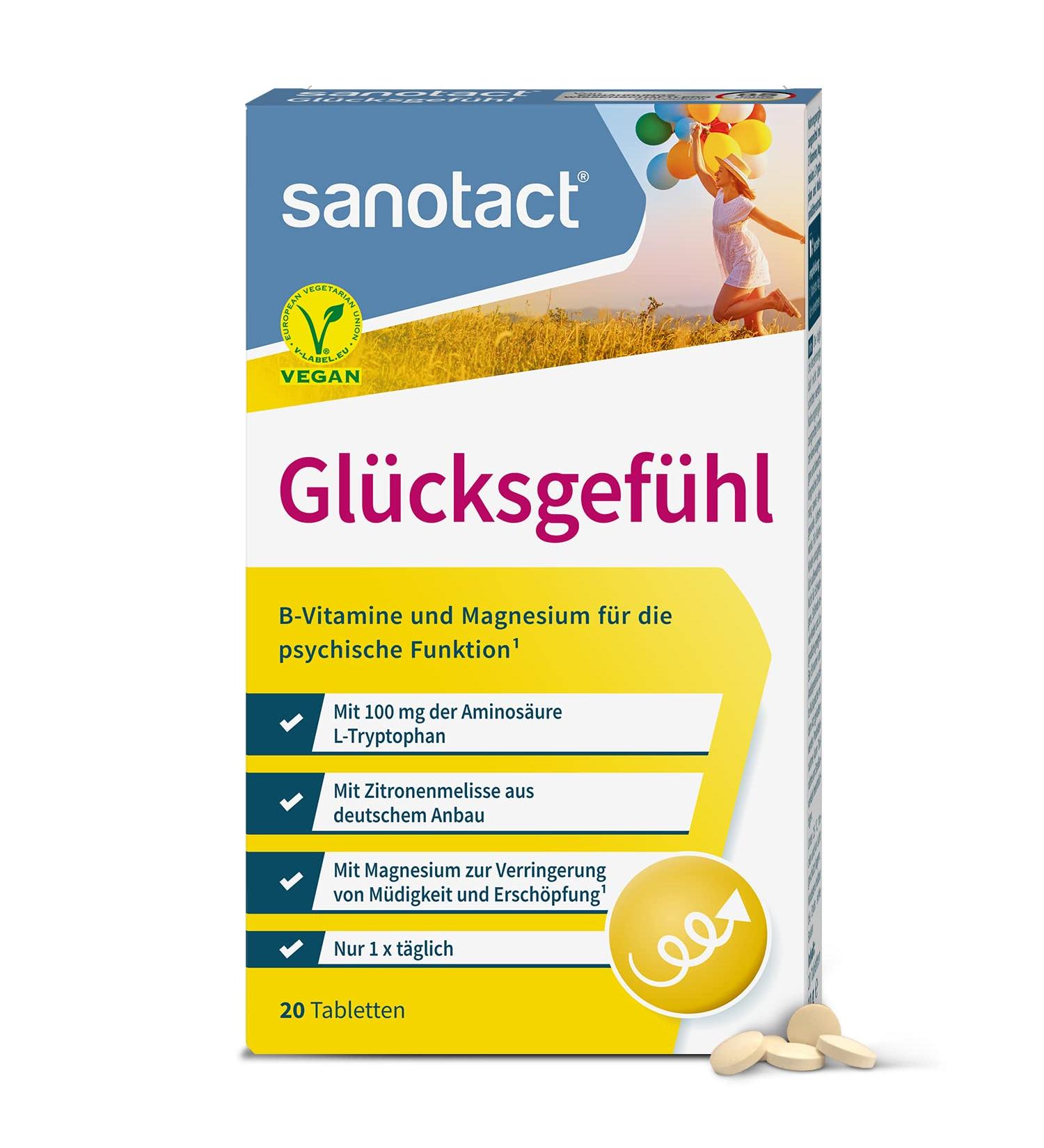 sanotact Feeling of Happiness 20 tablets Natural mood lightener high dose Vitamin tablets with lemon balm vitamin B complex Ltryptophan and magnesium B vitamins - Buy Online on GoSupps.com