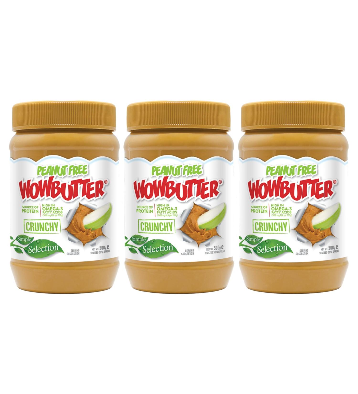 WOWBUTTER Crunchy Soya Spread - Peanut Butter Crunchy Alternative - Vegan, Gluten-Free, Halal, Kosher - 7g Protein, 1000mg Omega 3 - All-Natural - 500g (3 Pack) - Buy Online on GoSupps.com