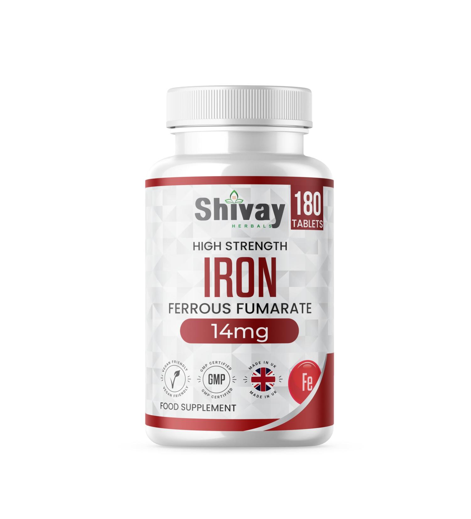 Iron 14mg Tablets | 180 Vegan Tablets - 6 Month Supply | High Strength Ferrous Fumarate Supplement | for Tiredness & Fatigue | Made in The UK by Shivay Herbals - Buy Online on GoSupps.com