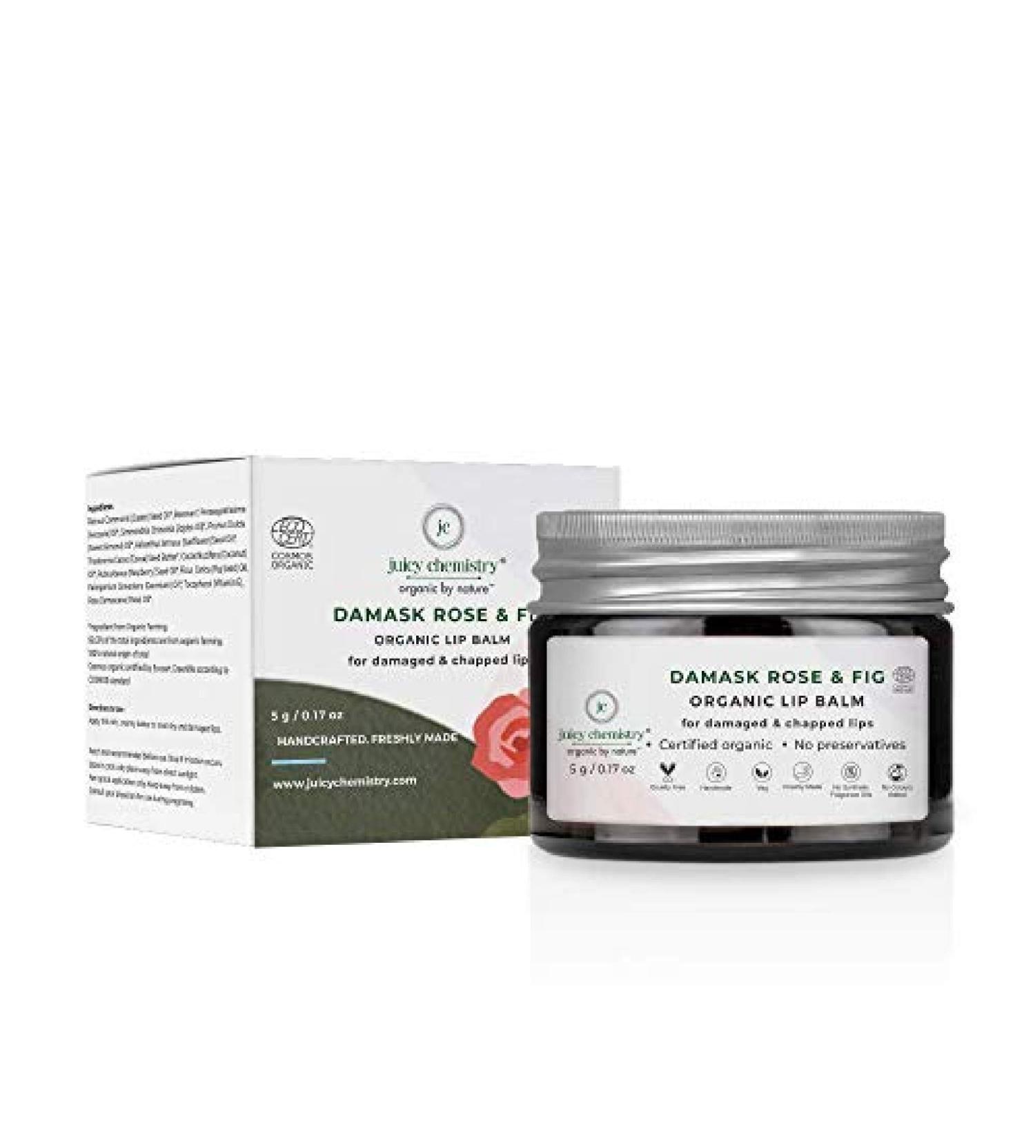 Organic Natural Lip Balm for Women - Juicy Chemistry Damask Rose & Fig (5g) | 100% Natural Moisturizer for Dry & Chapped Lips - Buy Online on GoSupps.com