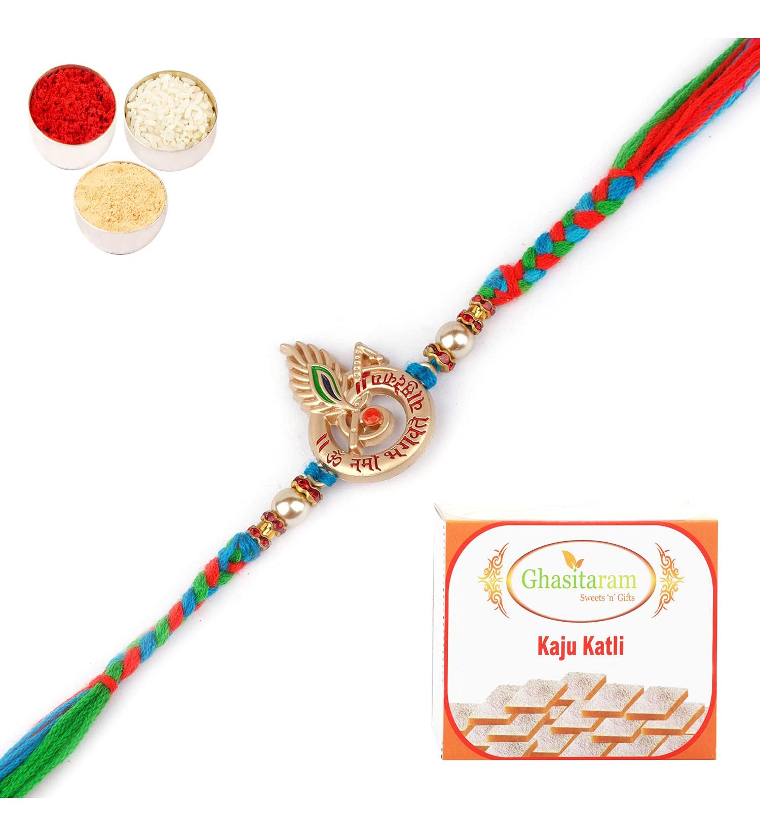 Ghasitaram Gifts Rakhi for Brother Rakhis Online - 8528 Fancy Thread Rakhi with 400 GMS of Kaju katli - Buy Online on GoSupps.com
