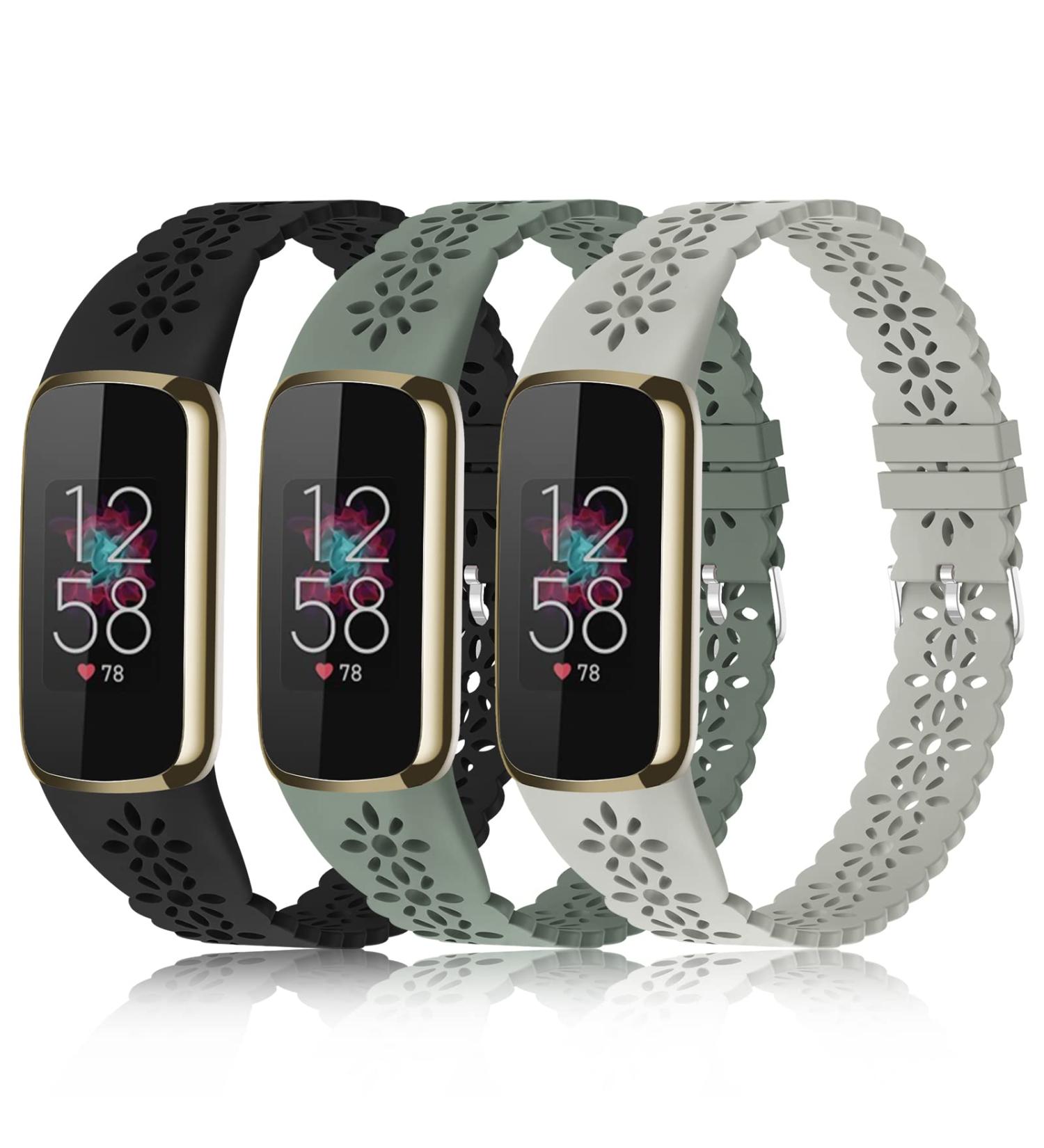 3-Pack Slim Lace Sport Bands for Fitbit Luxe - Soft Silicone Hollow-Out Replacement Wristbands for Women - Breathable and Stylish - Compatible with Fitbit Luxe Fitness Smart Watch - D-Black/Stone Gray/Green - Fits 5.6-7.1 Wrists - Buy Online on GoSupps.com