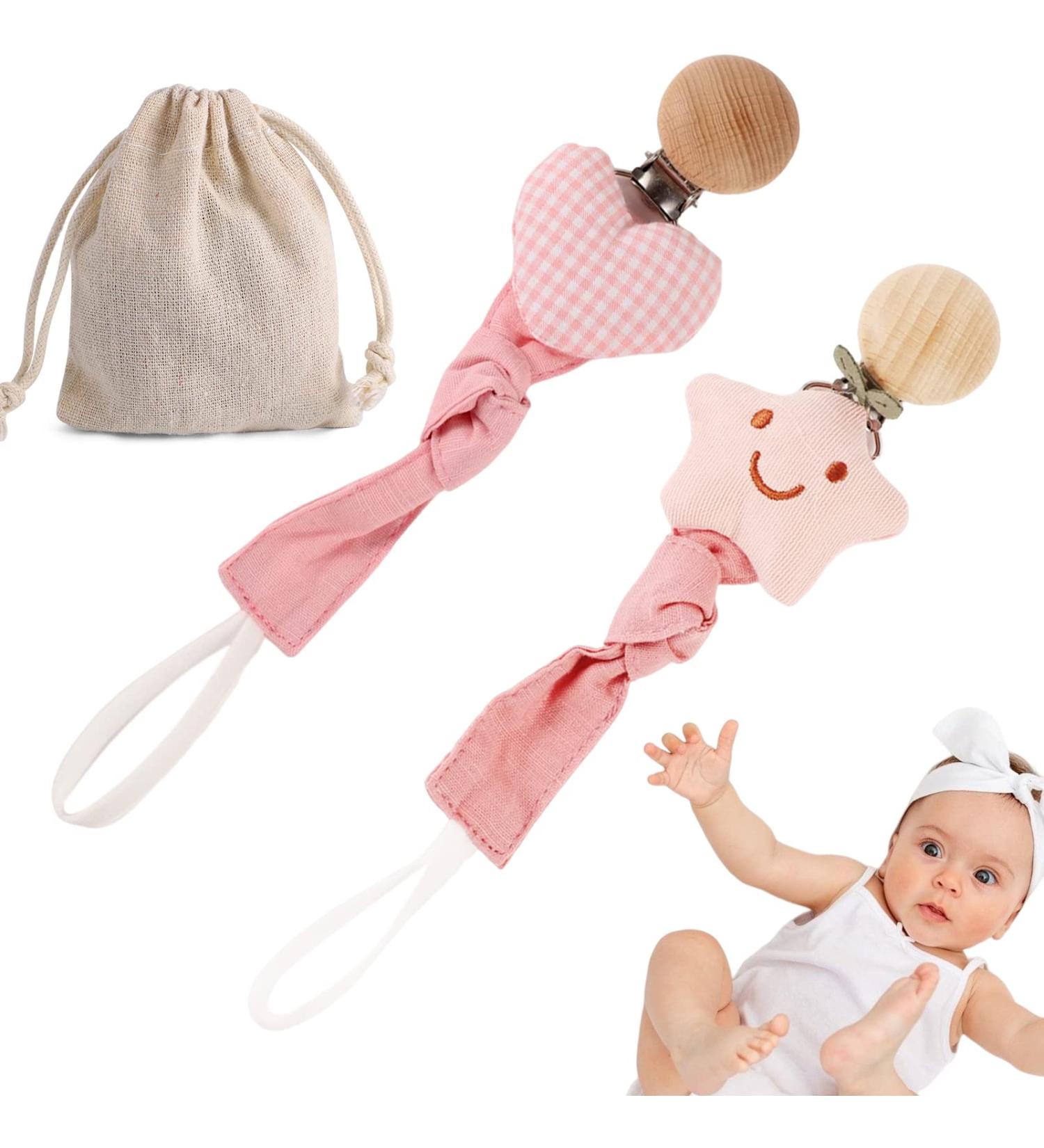 Buy 2-Piece Baby Pacifier Chain - Heart & Star Pattern Pacifier Strap with Wooden Clip & Storage Bag - Perfect Gift for Newborn Girls in Pink - Buy Online on GoSupps.com