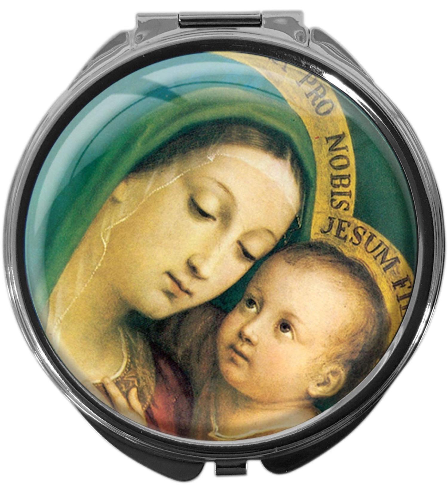 Round Metal Pill Box with Mirror - 3 Compartments Virgin Mary with Child Design | International Shipping - Buy Online on GoSupps.com