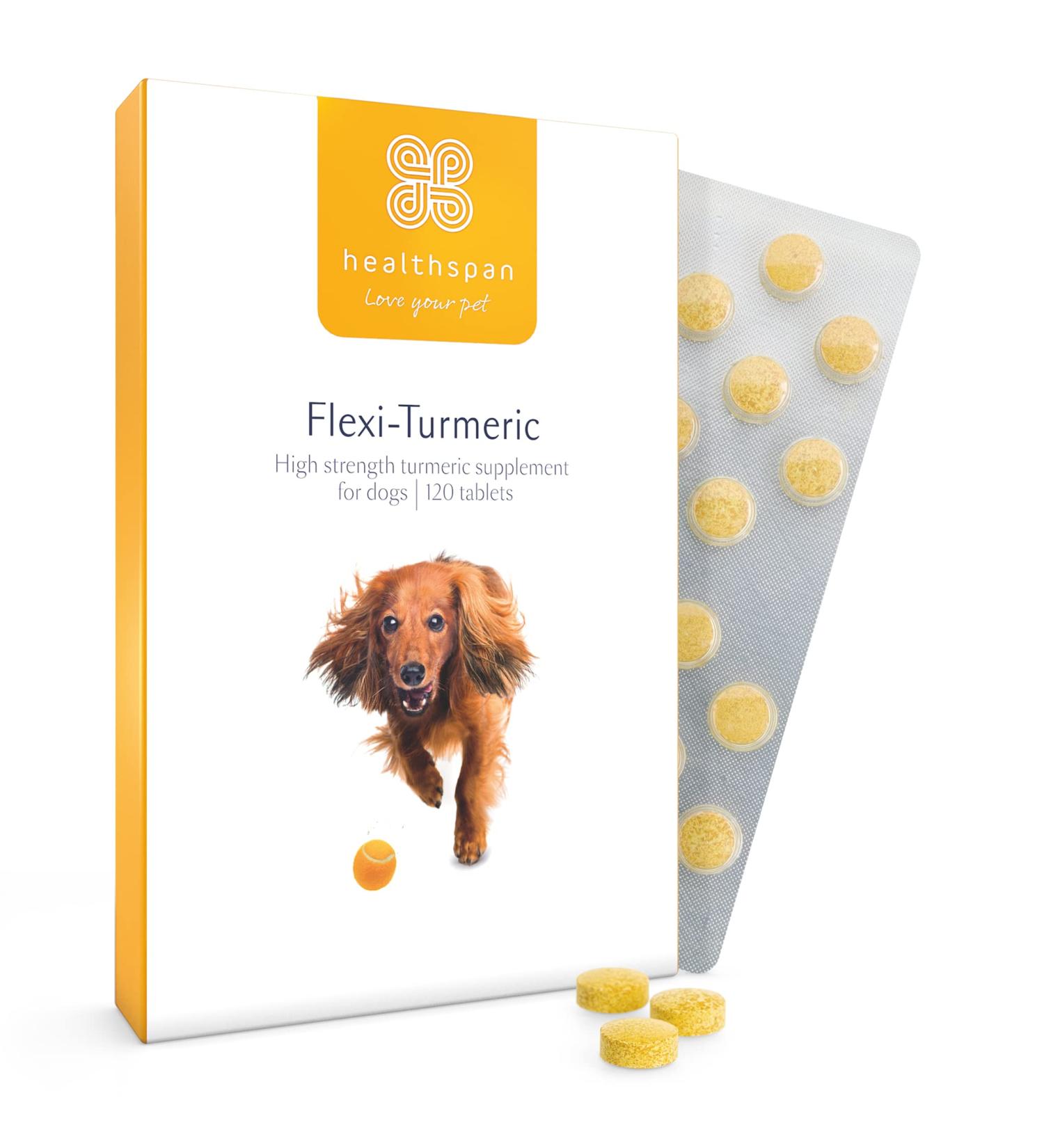 Flexi-Turmeric For Dogs | Healthspan | 120 Tablets | Vitamin C & Brewers Yeast | 400mg High-Grade Turmeric | Pet Health - Buy Online on GoSupps.com