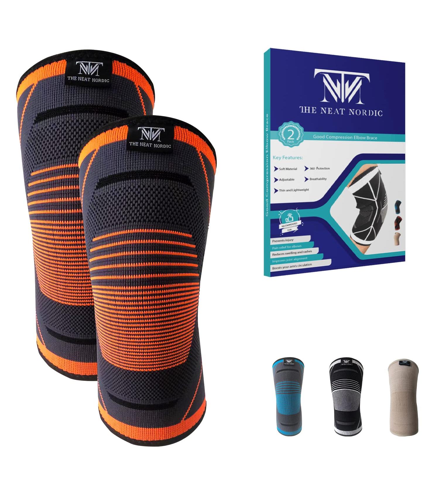 Elbow Brace Compression Sleeve (1 Pair) - Optimal Support and Pain Relief for Tendonitis, Tennis, Golfers, and Arthritis - Medium Black-Orange - Buy Online on GoSupps.com