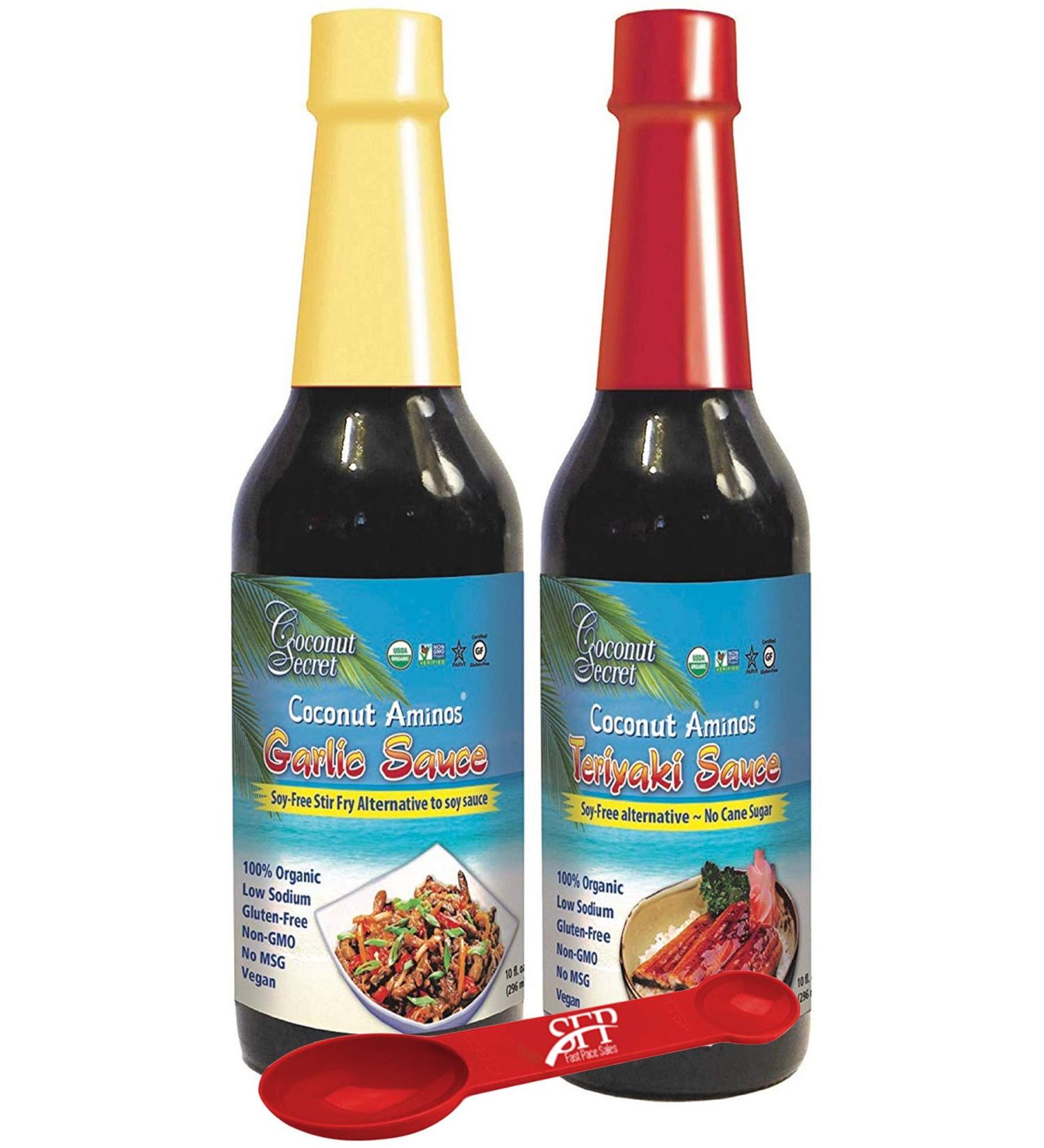 Coconut Secret Kitchen Sauces Set: Gluten-Free Teriyaki & Organic Garlic Sauce - 10 Oz | Ideal for Chicken Marinade | Bonus Measuring Spoon Included - Buy Online on GoSupps.com
