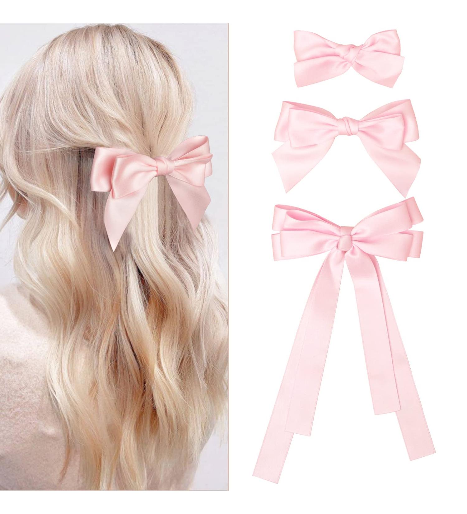 Bolonar Pink Hair Bows 3Pcs - Cute Satin Bowknot Clips for Women & Girls | Alligator Hair Accessories for Toddlers - Pink Ribbon Barrettes - Buy Online on GoSupps.com