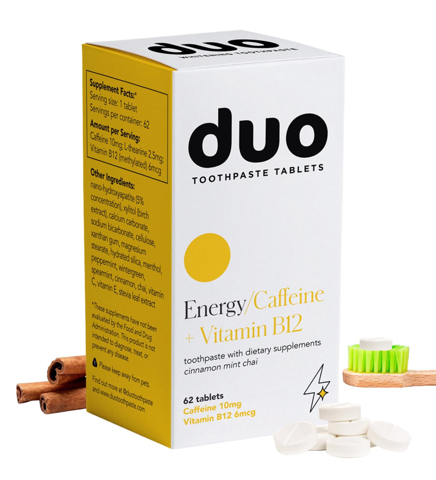 Duo Energy Toothpaste Tablets | Caffeine + B12 w/Nano-Hydroxyapatite (nHa) - Whitening Remineralize & Reduce Sensitivity | Sustainable & Plastic Free | Cinnamon Mint Chai 1 BTL/62 Tablet Energy 62 Count (Pack of 1) - Buy Online on GoSupps.com