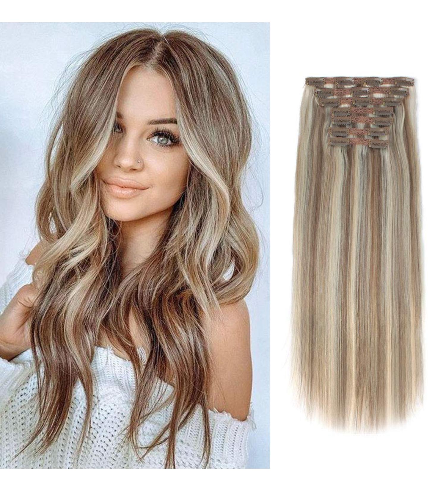 Lovrio 9A Grade Clip in Hair Extensions - Ash Brown/Light Chestnut Brown to Platinum Ash Blonde - 18 120g - 7 Pieces 18 Clips - Buy Online on GoSupps.com