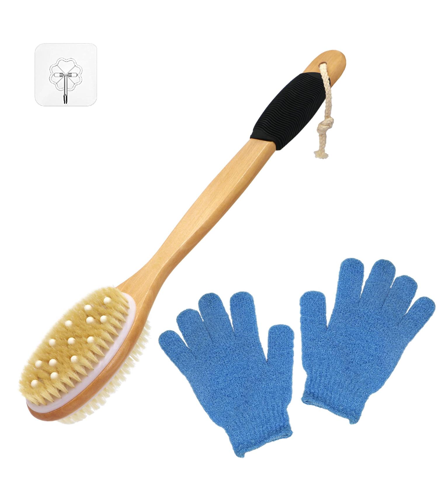 Wonderwin Double-Sided Wooden Body Brush with Soft and Stiff Bristles | Back Scrubber for Shower | Exfoliating & Softening Skin | Dry & Wet Brushing | Includes Exfoliating Gloves & Non-Slip Rubber - Buy Online on GoSupps.com