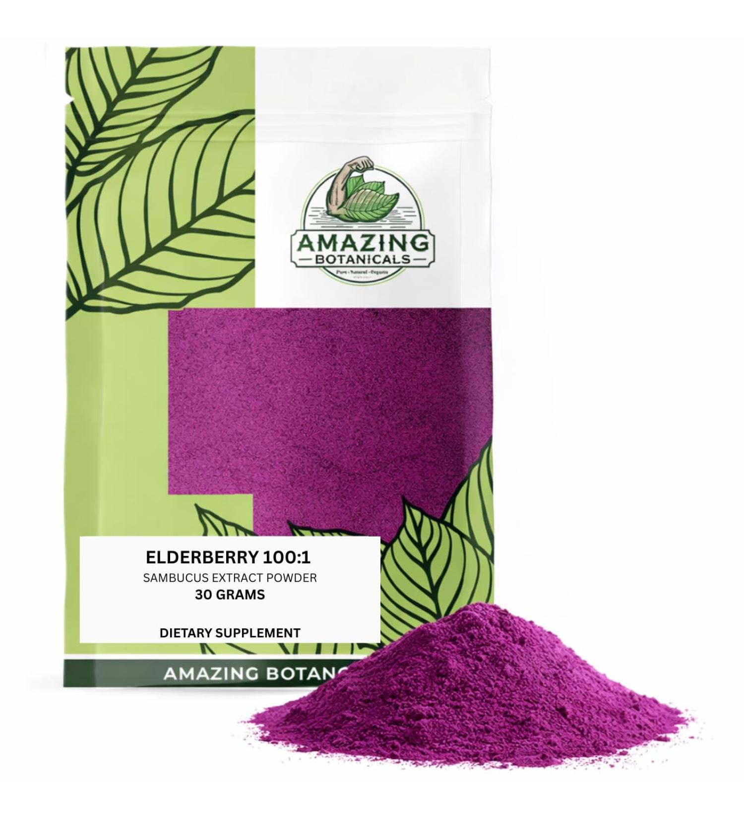 Amazing Botanicals Premium Elderberry Extract Powder 100:1 | Vegan Non-GMO No Added Sugar | Sambucus Nigra | High Potency Powder 30 Grams