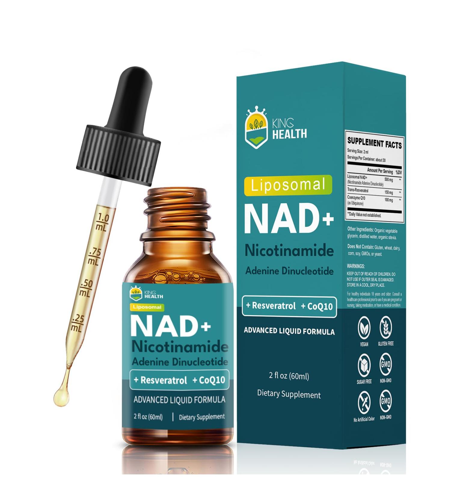 KingHealth CoQ10 100mg Liposomal NAD+ 500mg Resveratrol 150mg Liquid Supplements for Women & Men- Boost Energy & Anti-Aging - Vegan Non-GMO Gluten Sugar-Free - 2 Fl Oz - Buy Online on GoSupps.com