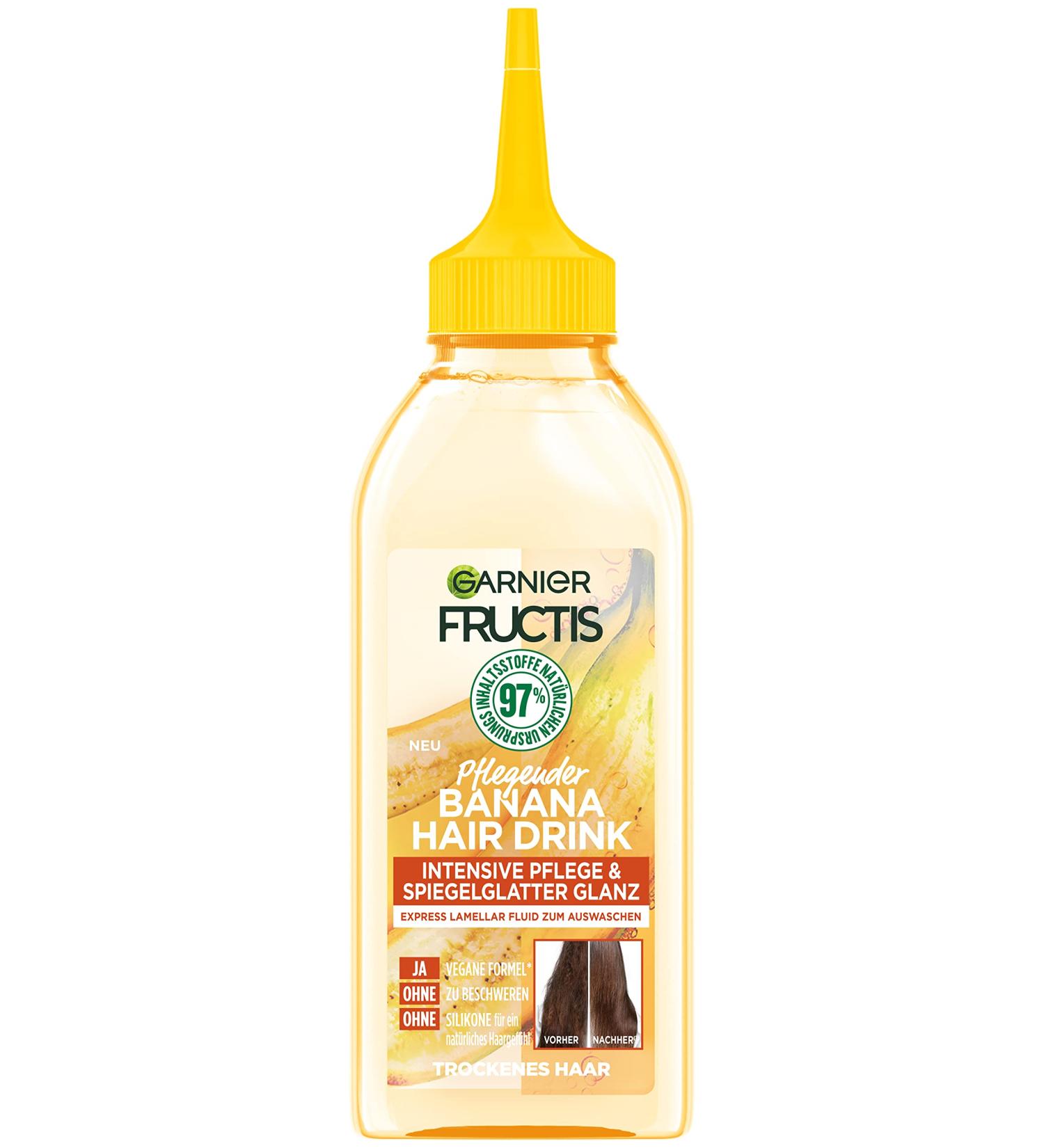 Garnier Fluide capillaire pour cheveux secs - Pour plus de brillance et de douceur - Avec formule r paratrice lamellaire - Fructis Banana Hairdrink - 1 x 200 ml Banane 200 ml (Lot de 1)