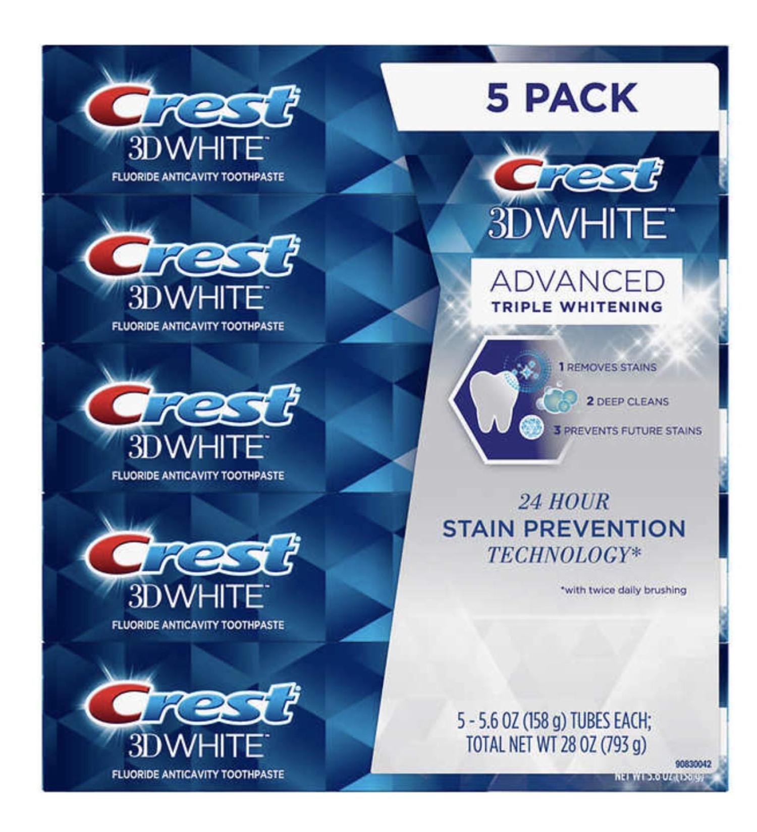 Crest 3D White Advance Whitening Toothpaste 5 Pack - 5.6 Oz Tubes, 28 Oz Total - Buy Online on GoSupps.com