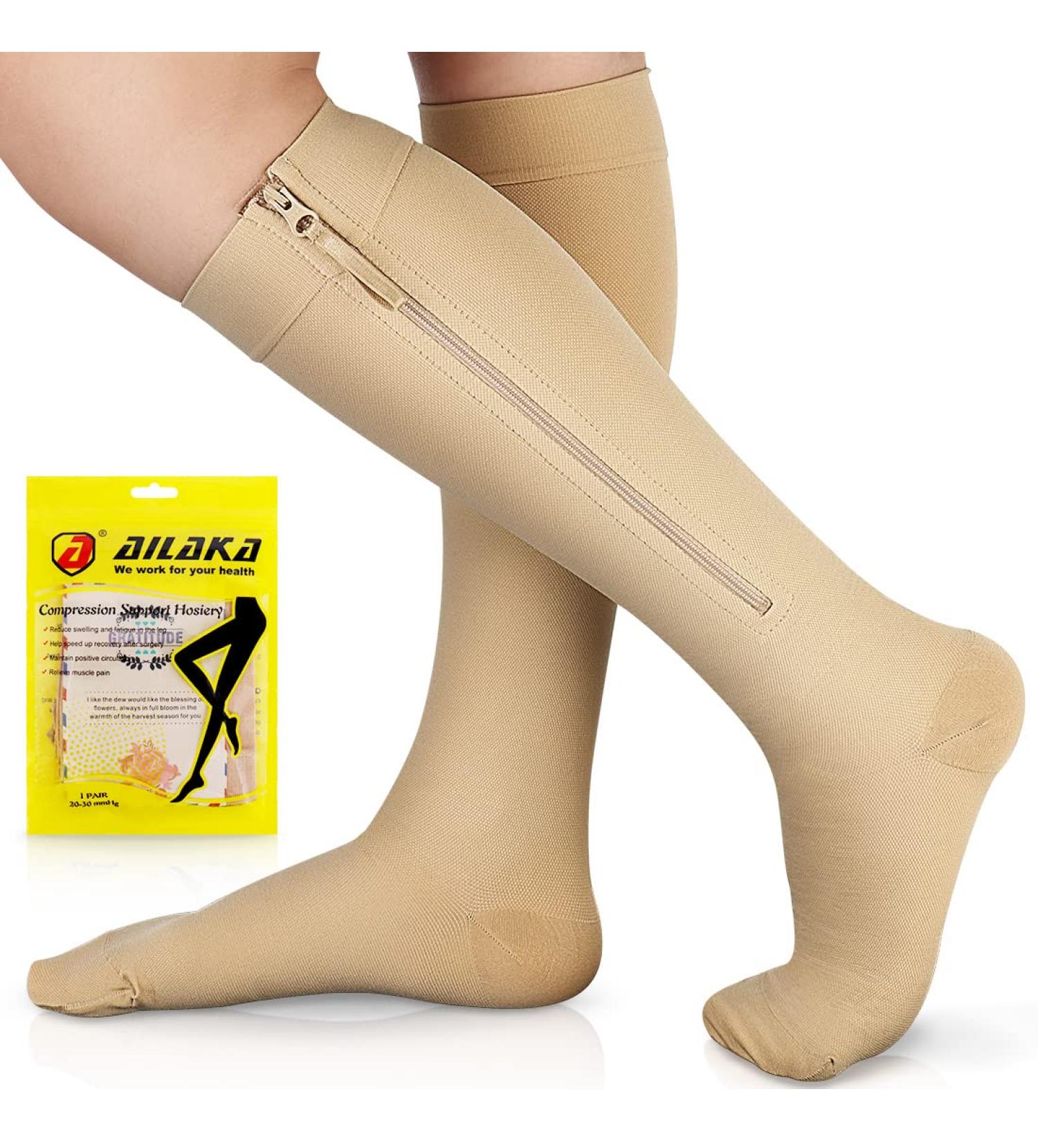 Ailaka Compression Stockings with Zipper for Men & Women - 20-30 mmHg Medical Support Socks for Varicose Veins Edema & Recovery - X-Large Beige (1 Pair) - Buy Online on GoSupps.com