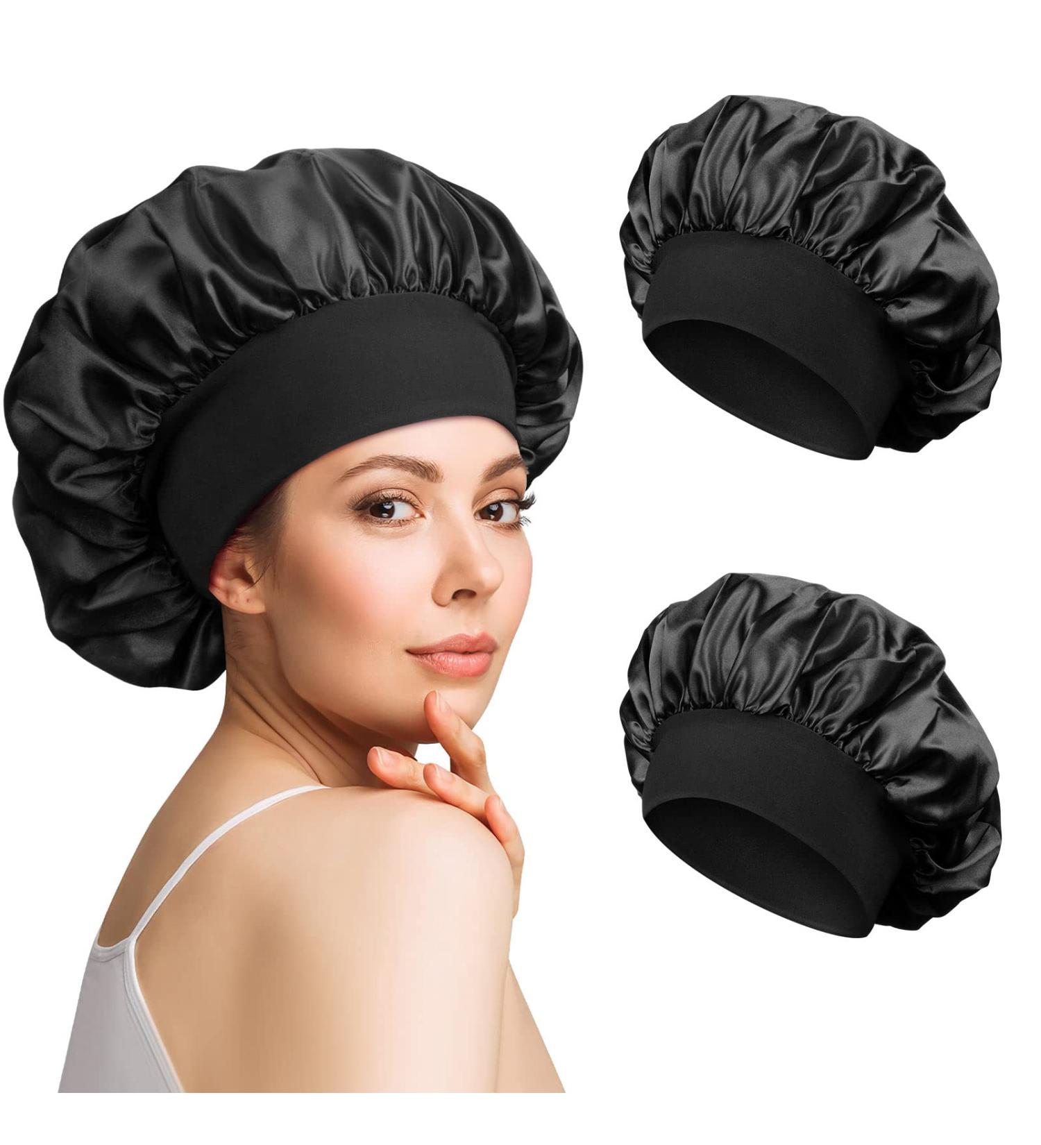 2pcs Black Satin Silk Bonnet for Curly Hair | Night Sleep Cap for Women - Buy Online on GoSupps.com