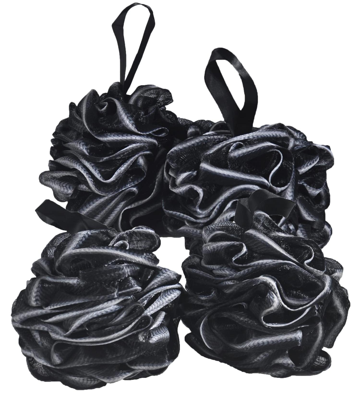 Exfoliating Bath Shower Loofah Sponge Set Set of 4 Body Wash Scrubber Poufs in Black - Buy Online on GoSupps.com