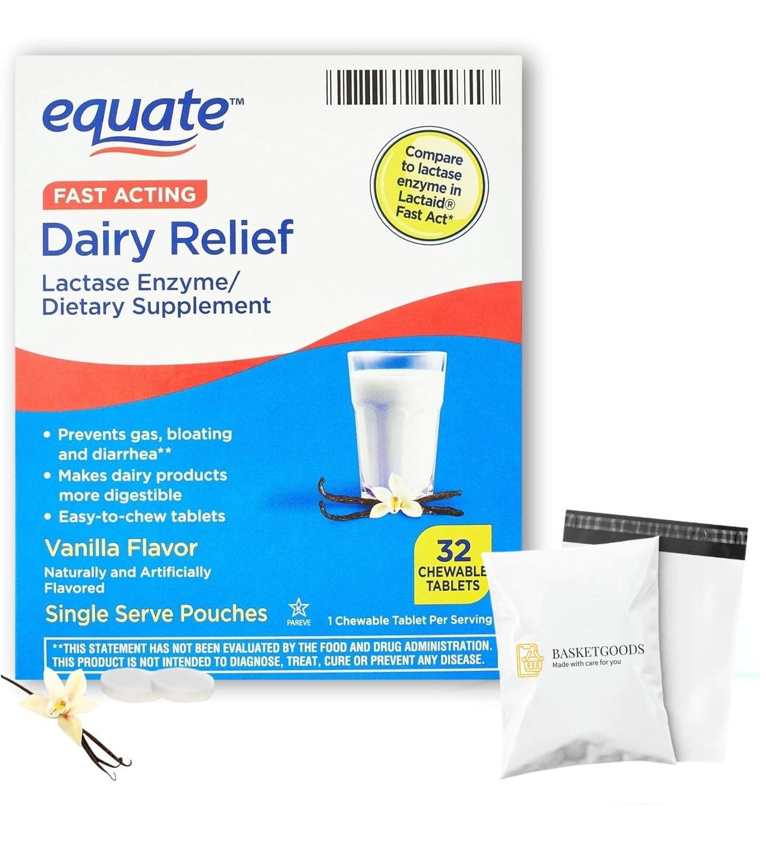 Dairy Pills for Lactose Intolerance - Equate Fast Acting Relief Vanilla Flavor 32 chewable Tablets Lactaid Chewables Lactase Enzyme (Pack of 1) Set with Basket Goods Store - Buy Online on GoSupps.com