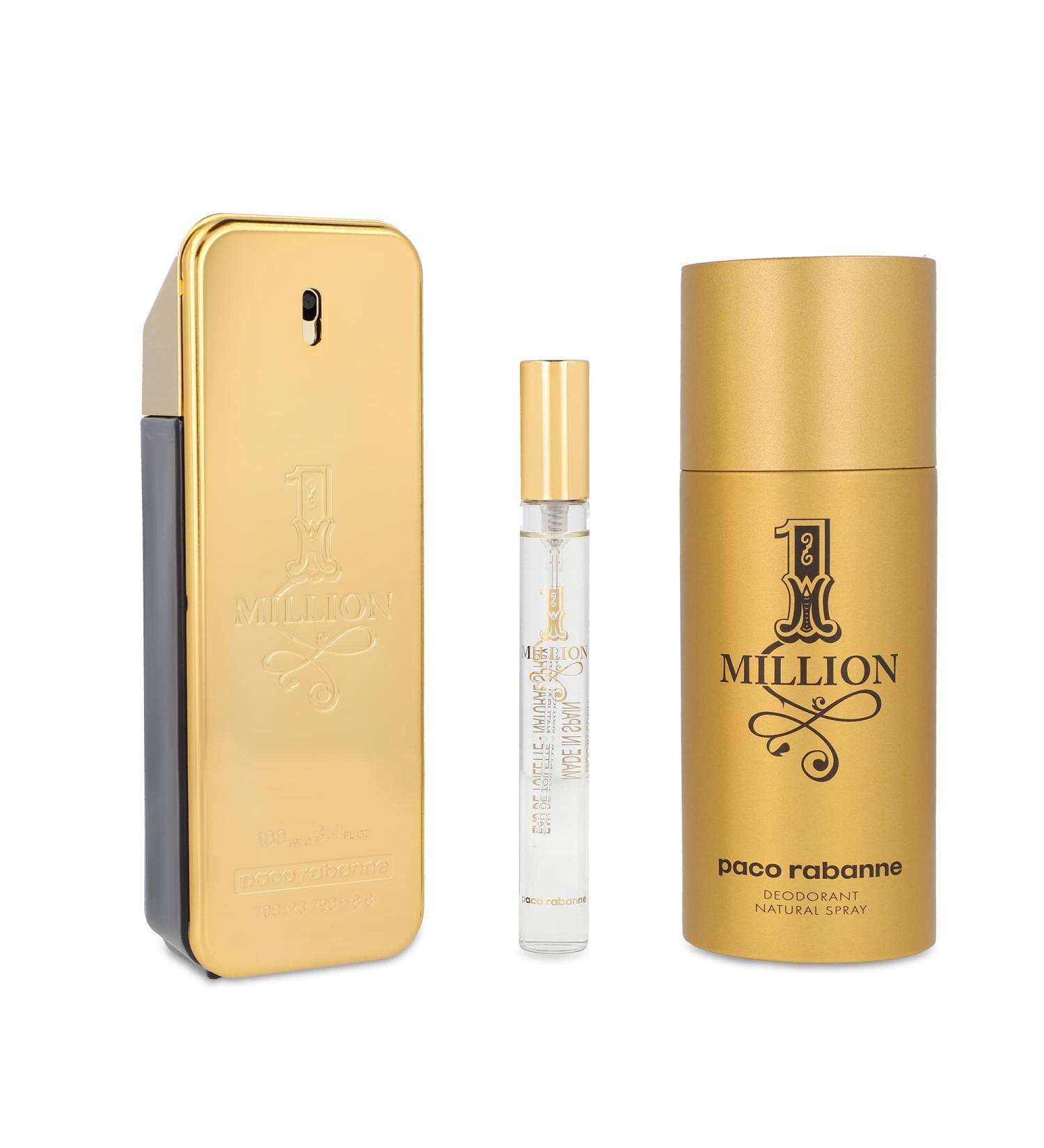 Paco Rabanne One Million 3-Piece Gift Set for Men (3.4 Oz Eau De Toilette Spray + 5.1 Oz Deodorant Spray + 0.33 Oz Travel Spray) 2.94 Ounce (Pack of 3)