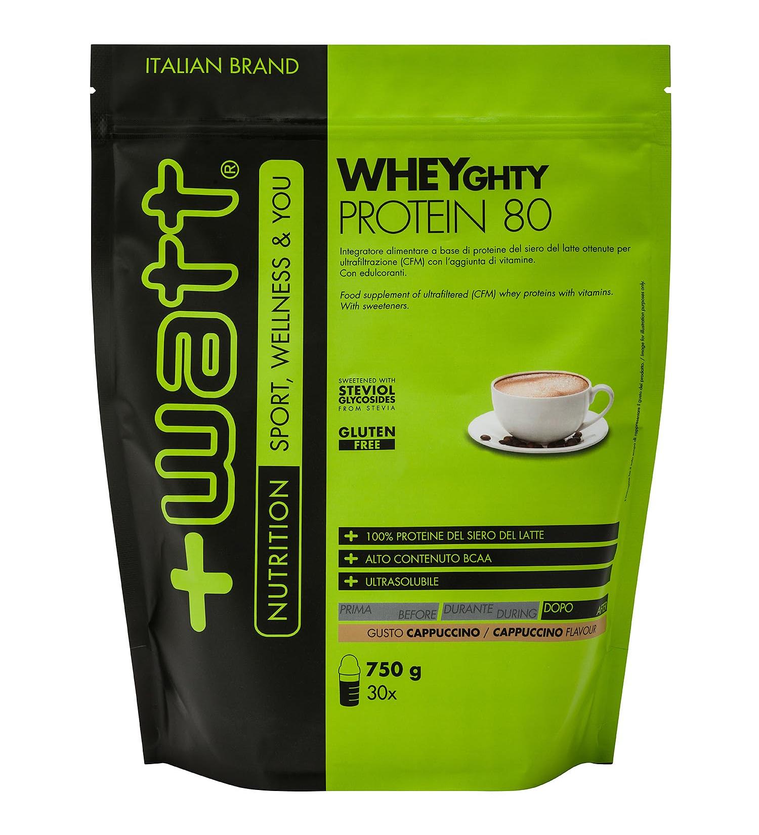 Watt Wheyghty Protein 80 Milk protein supplement 80 Format 750 g Doypack Flavor Cappuccino Cappuccino 750 g - Buy Online on GoSupps.com