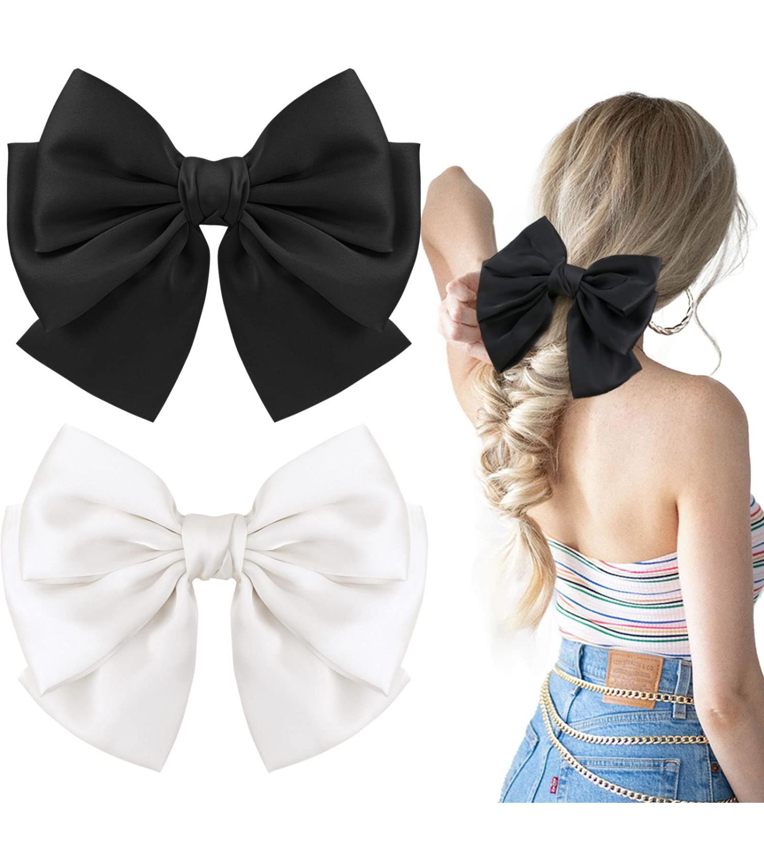 2PCS Big Satin Layered Hair Bows for Women Girls - 7 Inch Black White Barrette Hair Clip - Large Silk Ribbon Bows - French Style Hair Accessories in Black+White - Buy Online on GoSupps.com