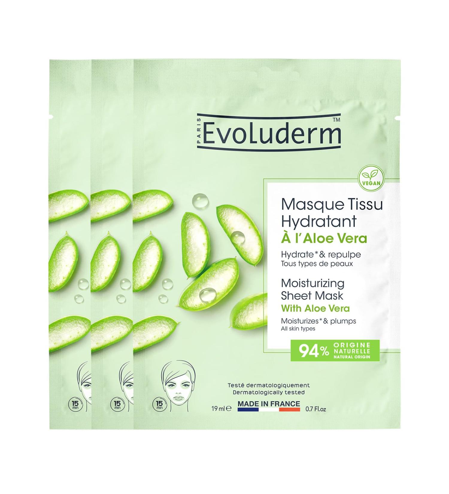EVOLUDERM Aloe Vera Moisturizing Tissue Mask 19 ml 94% Natural Origin Vegan Made in France Pack of 3 x 19ml - Buy Online on GoSupps.com