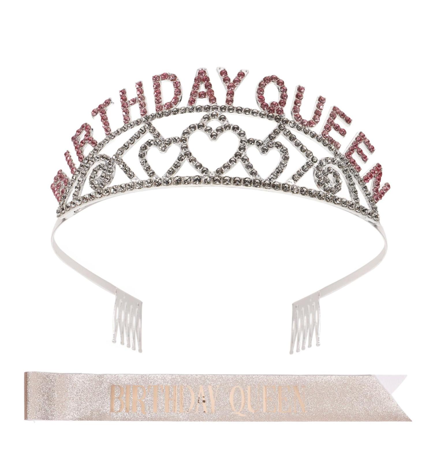Beavorty Birthday Queen Crown and Sash Set Women Crystal Rhinestone Tiara Headband Birthday Sash for Birthday Decorations - Buy Online on GoSupps.com
