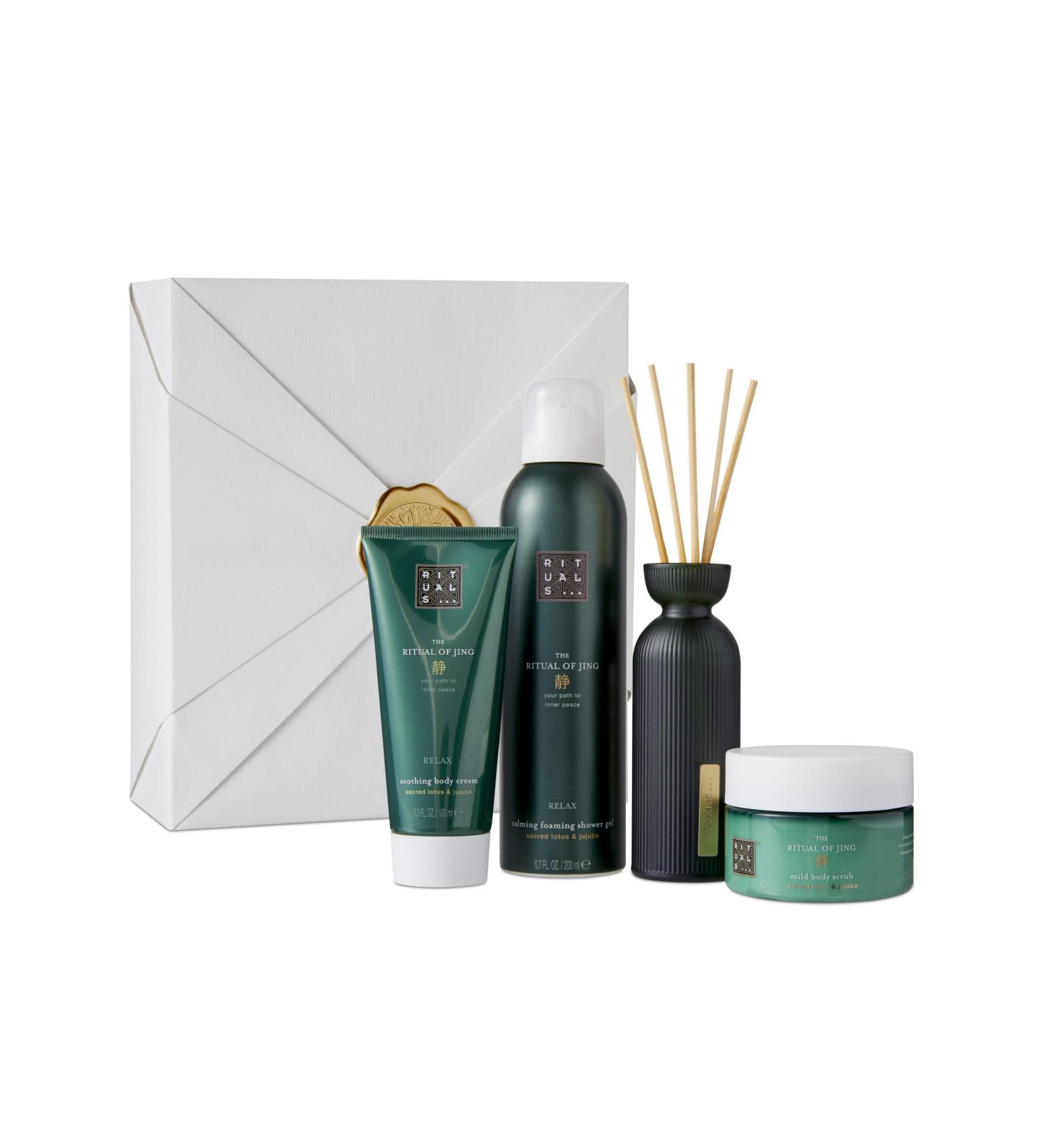 RITUALS Jing Calming Gift Set - Foaming Shower Gel, Body Scrub, Body Cream & Mini Fragrance Stick | Sacred Lotus & Jujube - Buy Online on GoSupps.com