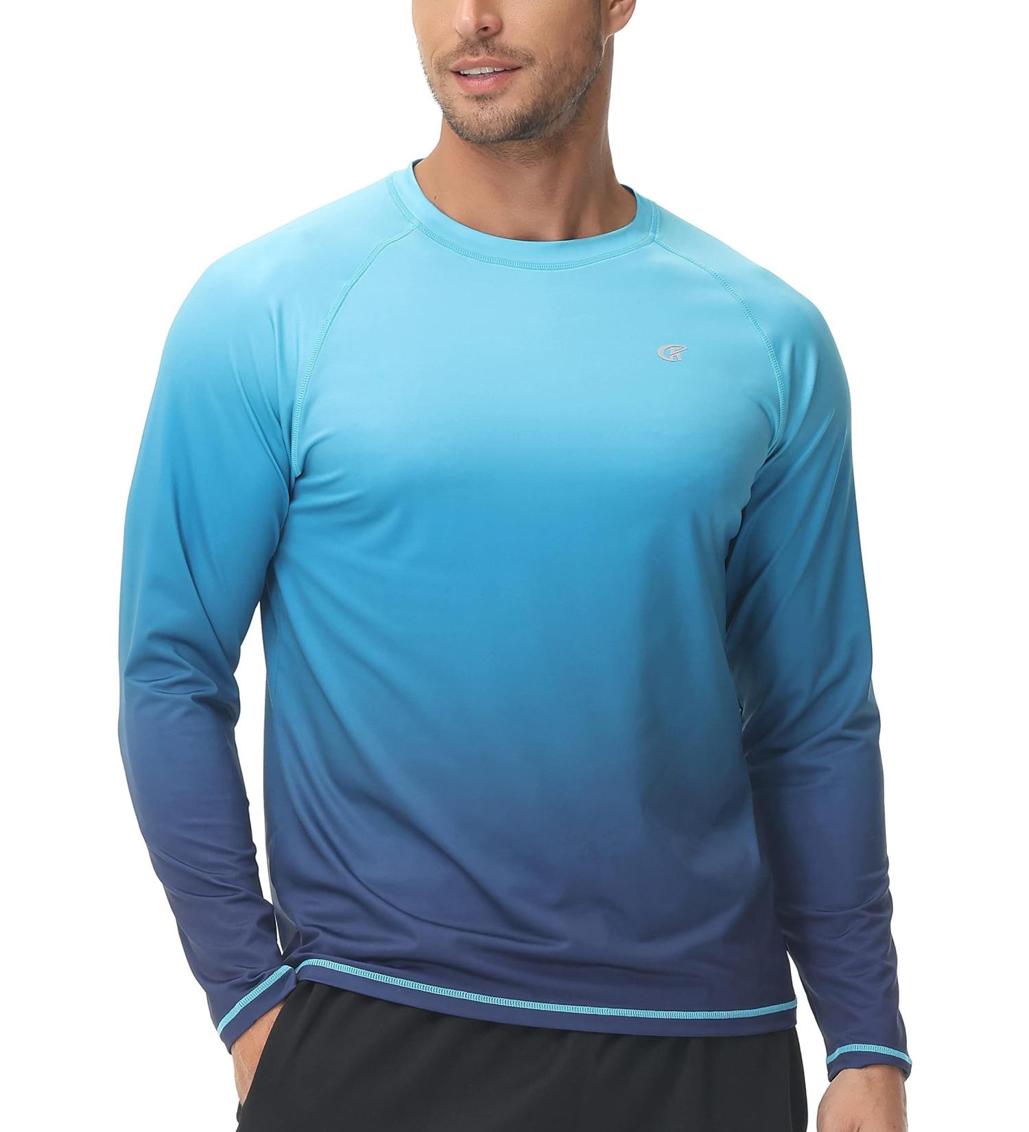 Yukaichen Men's Long-Sleeved Rashguard - Quick-Dry Breathable Swim Shirt in Color Gradient Blue for Surfing Fishing and Hiking - Buy Online on GoSupps.com