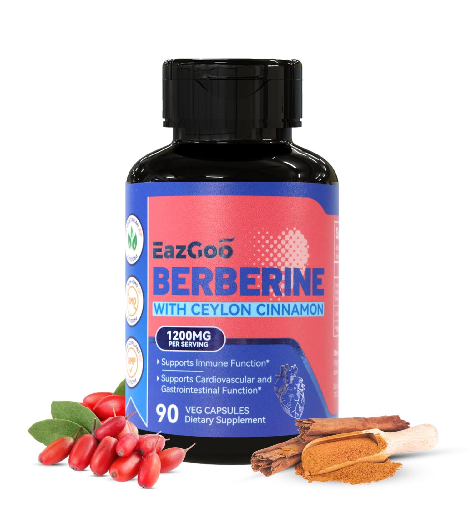 EAZGOO Premium Berberine Supplement 1200mg with Ceylon Cinnamon - 90 Vegan Capsules - Berberine HCL Supplement Gluten Free Immune Support - Buy Online on GoSupps.com