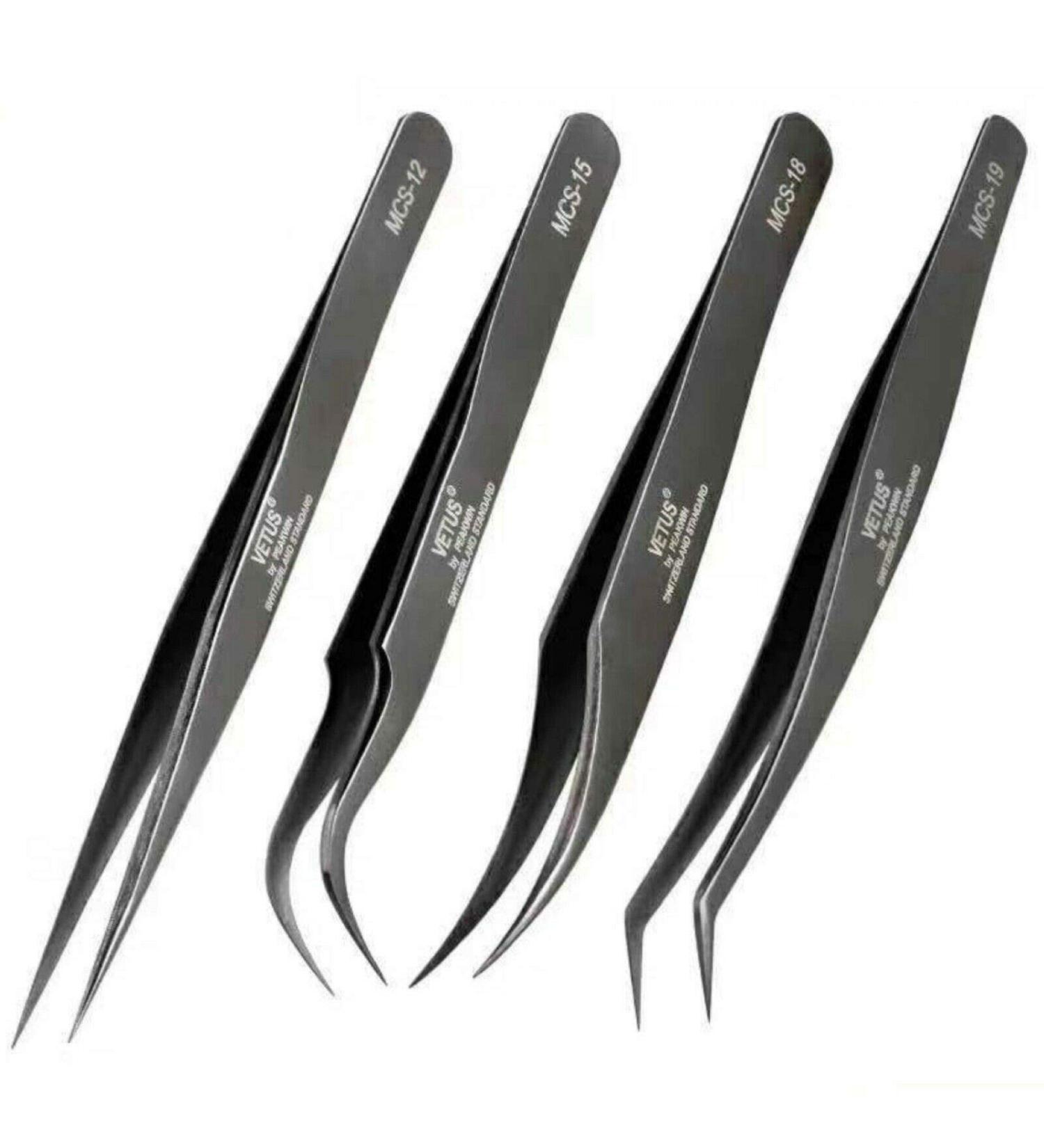 Vetus Eyelash Tweezers Set for Extensions & Volume Technique - 4x MCS-12 to MCS-19 | Premium Grey Tweezers for Precision Application - International Shipping Available - Buy Online on GoSupps.com