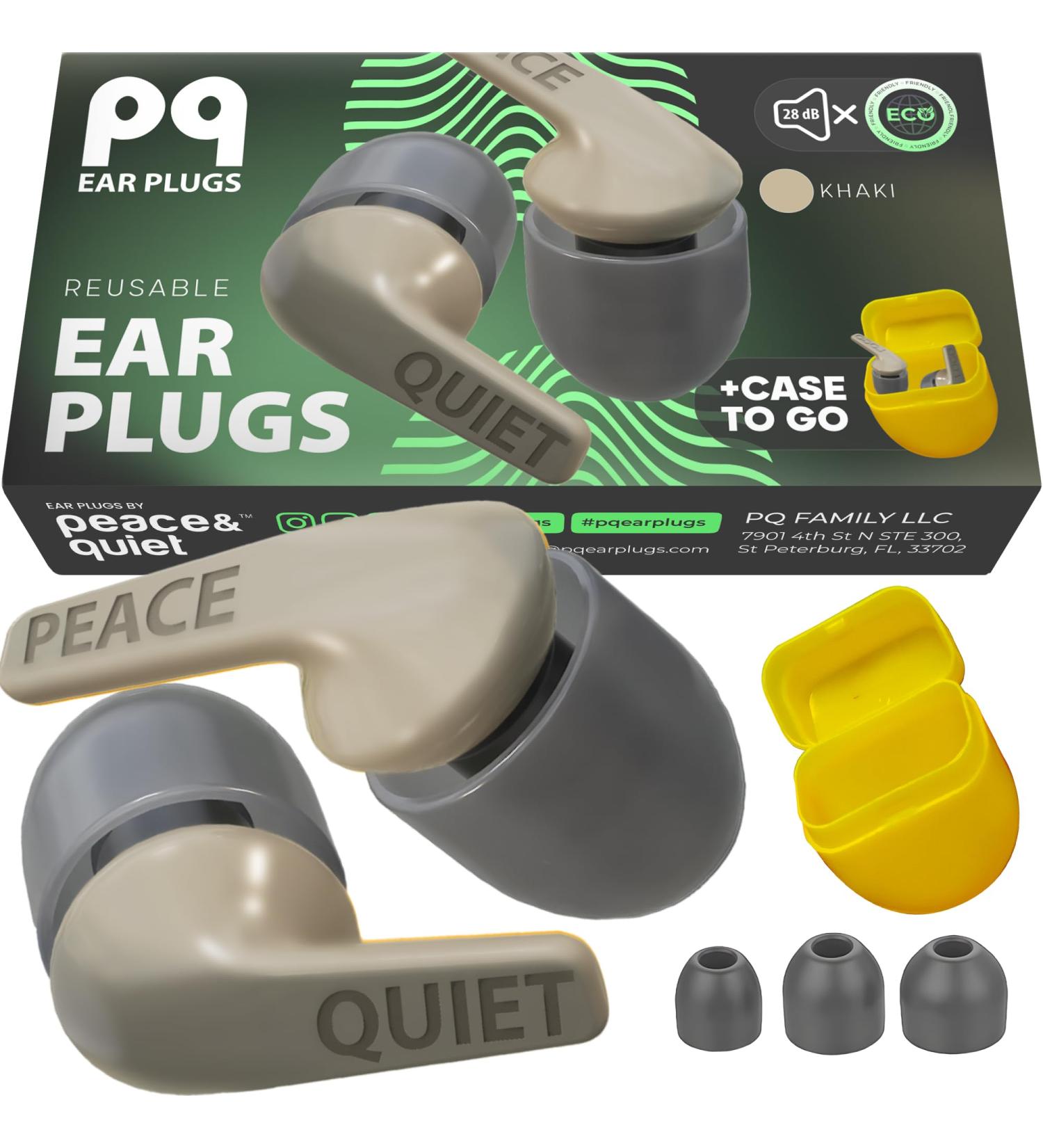 Peace&Quiet Earplugs for Sleeping - Noise Cancelling Reusable - 28dB Hearing Protection - S/M/L Ear Tips & Case - Ideal Travel Ear Plugs in Khaki - Buy Online on GoSupps.com