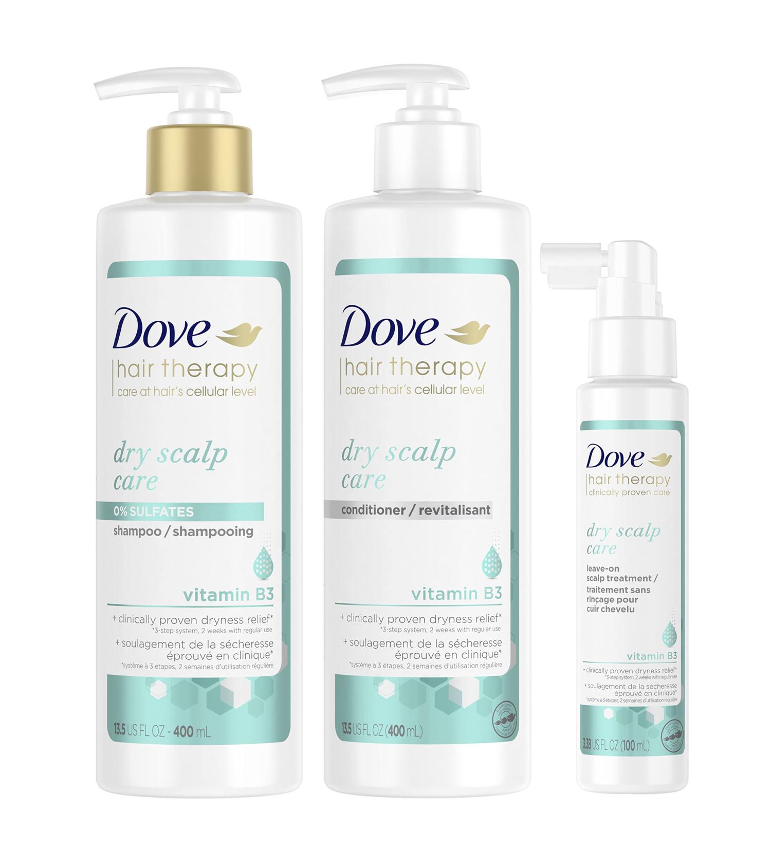 Dove Hair Therapy Regimen for Dry Scalp - Shampoo, Conditioner, Leave-On Scalp Treatment - Vitamin B3 - 3 Count - Buy Online on GoSupps.com