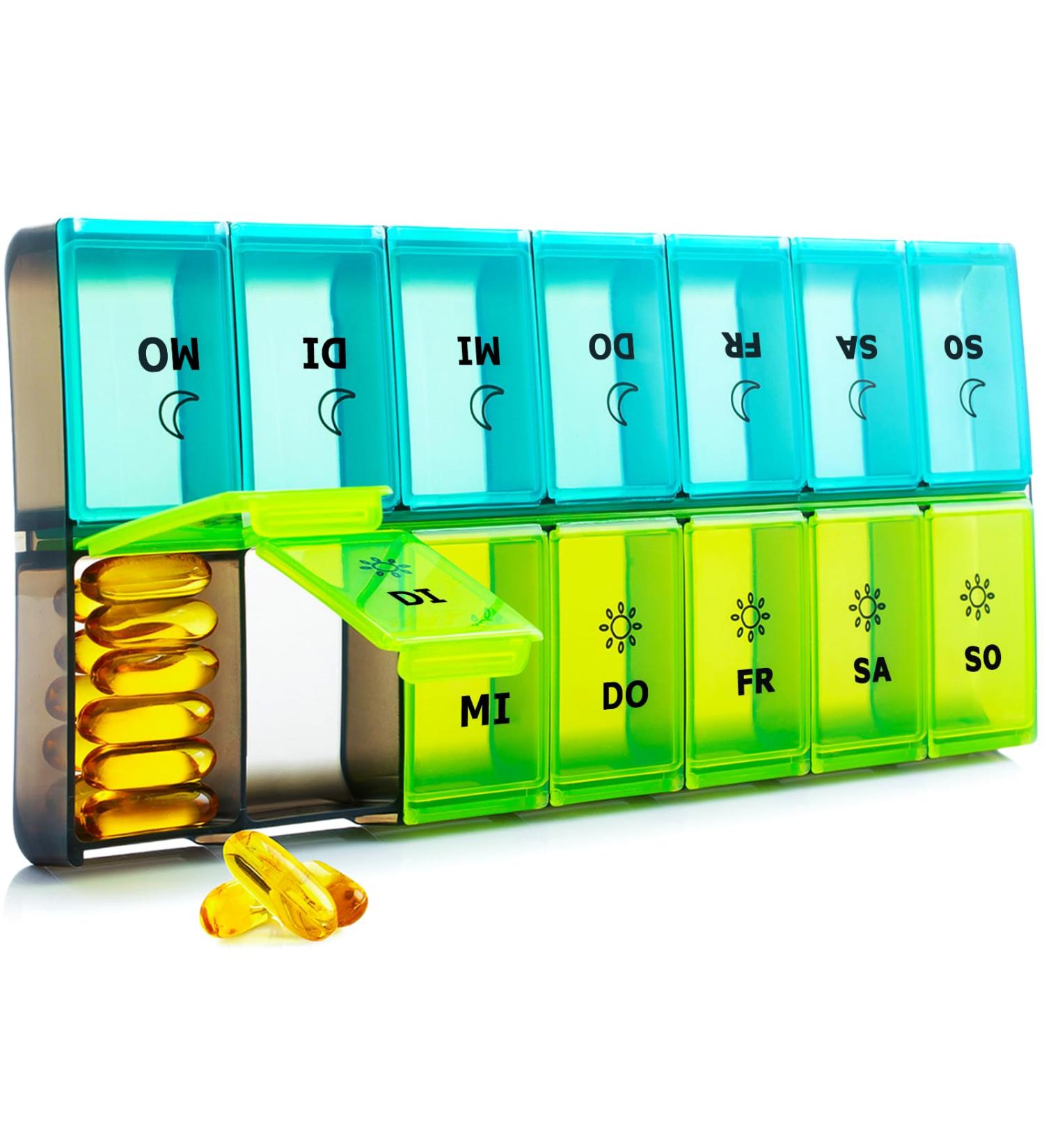 Moisture Festival XL 7-Day Pill Organizer - 14 Compartments for Vitamins Supplements & Medications - Green - Buy Online on GoSupps.com