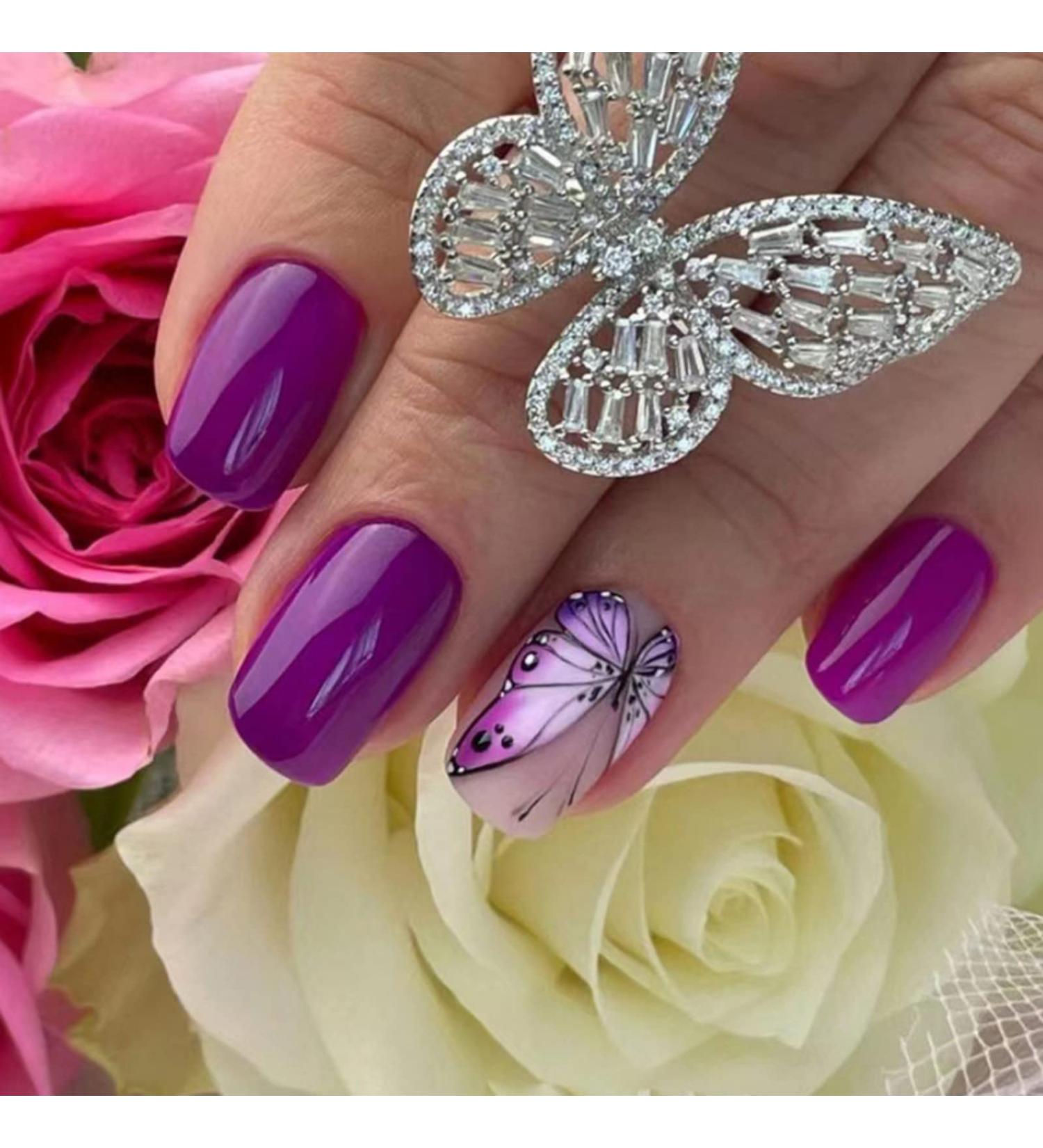 Justotry 24 Pcs Square Short False Nails with Purple Butterfly French Design - Nail Glue Included | Squoval Fake Nails for Women's Nail Art - Buy Online on GoSupps.com