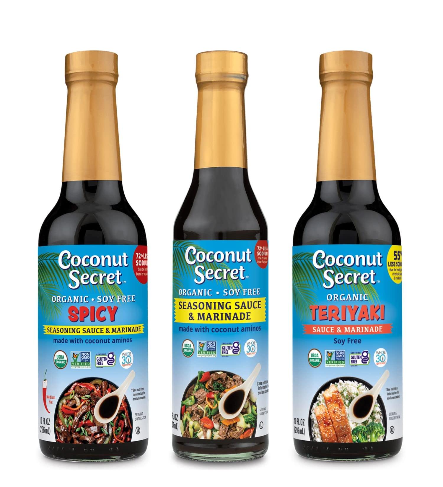 Coconut Secret Coconut Aminos 3 Pack - Spicy, Teriyaki, Organic - 10 Fl. Oz, 10 Fl. Oz, 8 Fl. Oz - Buy Online on GoSupps.com