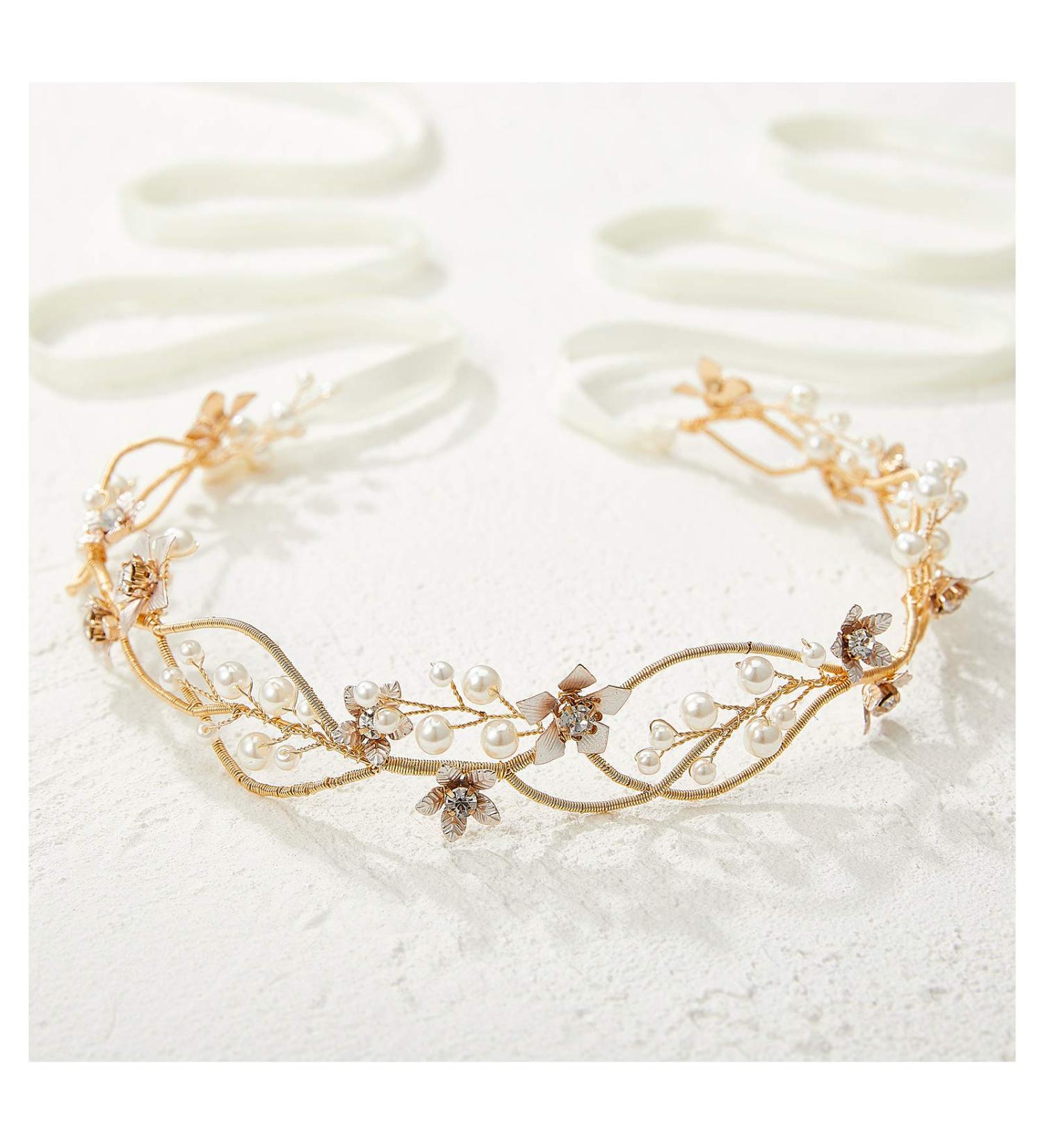 SWEETV Gold Bridal Headpiece | Pearl Wedding Headband with Flower Design - Buy Online on GoSupps.com