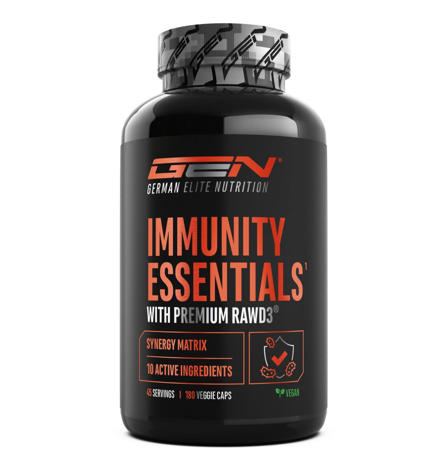  GEN GERMAN ELITE NUTRITION Immunity Essentials Complex - 180 Softgels with Beta Glucan Vitamin C D3 (RAWD3) Zinc Quercetin Echinacea Elderberry and Plant Extracts - High Dosed Vegan - Buy Online on GoSupps.com