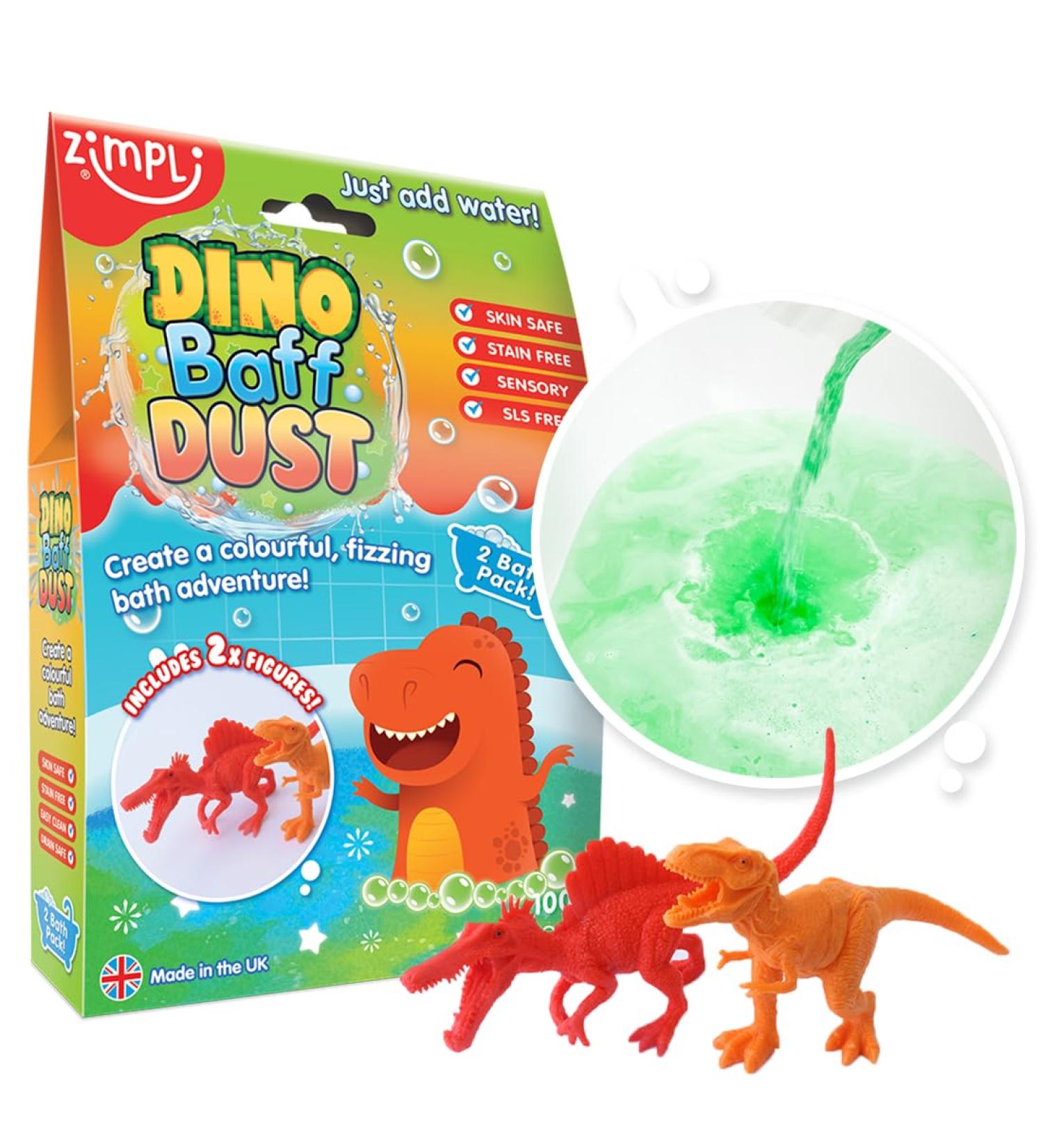 Dino Baff Dust 2 Bath Pack and 2 x Dinosaur Figures from Zimpli Kids Magical Bubble Bath Bomb Soak Powder for Children Bubble Spa Bath Gift for Kids Dinosaur Gifts for Boys Bath Toy Non-Toxic Dino Baff Dust with figures