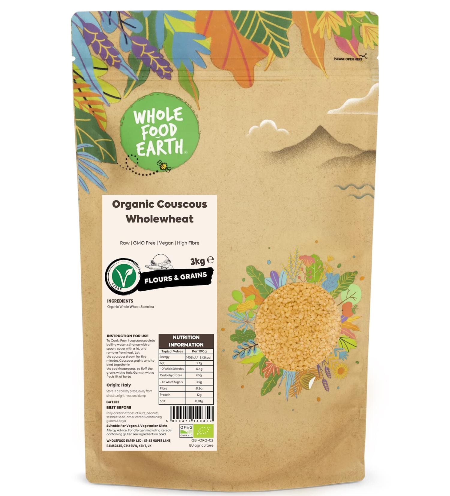 Wholefood Earth Organic Wholewheat Couscous 3kg | Raw | GMO-Free | Vegan | High Fibre - Buy Online on GoSupps.com